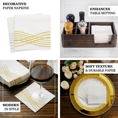20 Pack Linen-Like Paper 5"x5" Napkins White - Silver Foil Wave Design Airlaid Cocktail Napkins