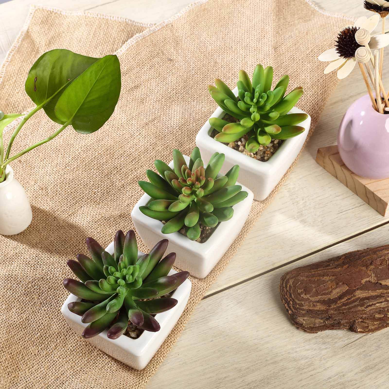 3-Pack Lotus Artificial Succulents in Ceramic Pot - Lifelike Decorative Faux Plants for Home Office & Event Design 4"