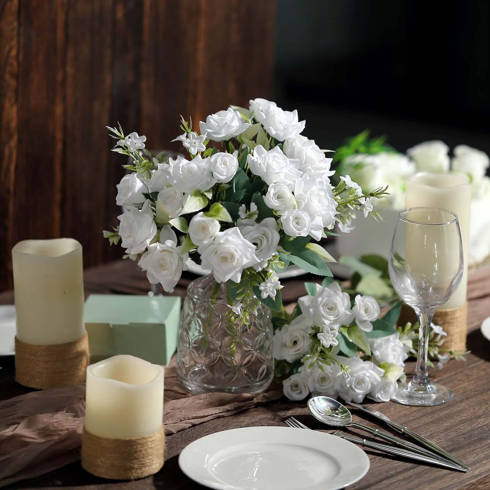 4 Bushes 12" White Real Touch Artificial Silk Rose Flower Bouquet, Faux Bridal Flowers