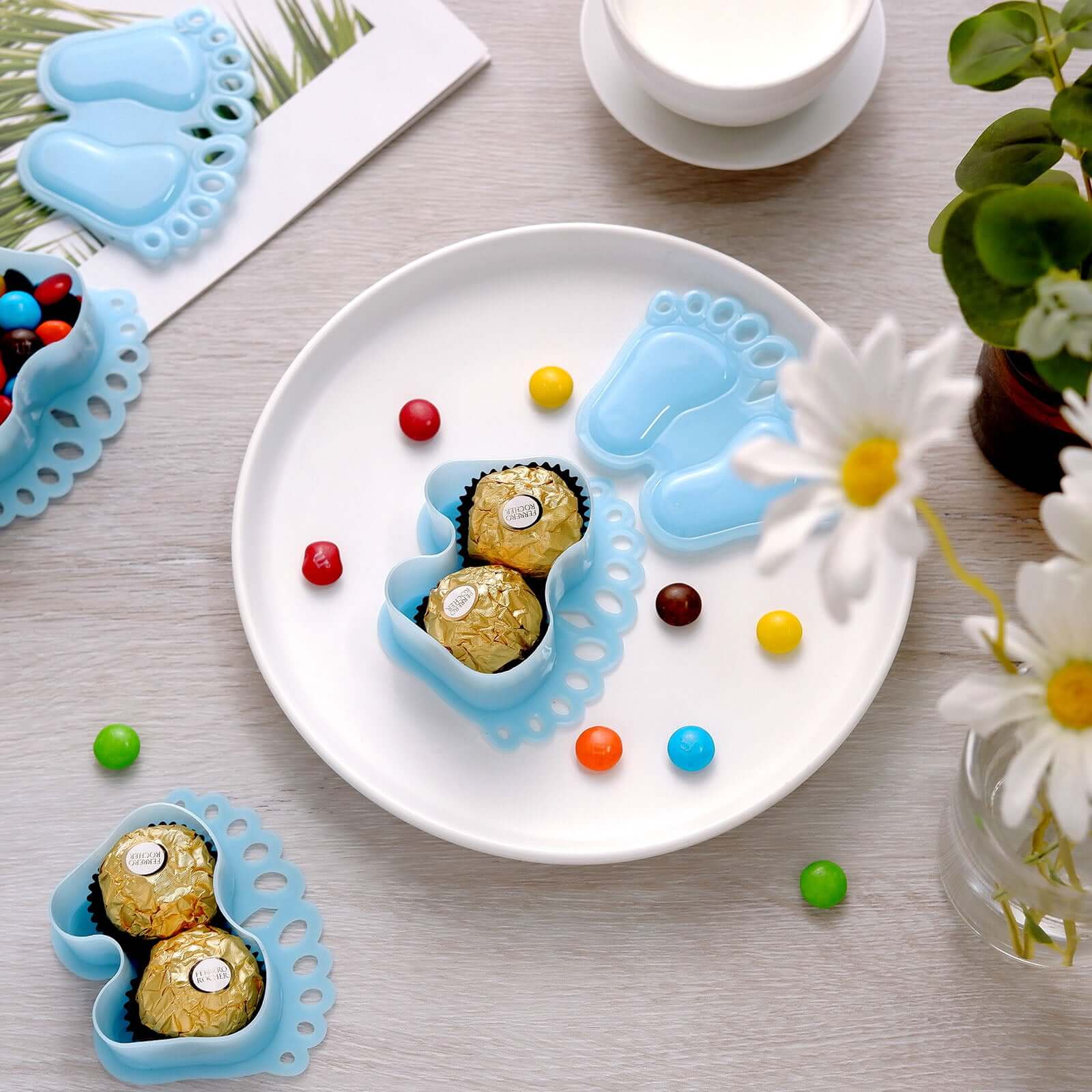 12-Pack Fillable Mini Candy Container in Baby Feet Style Clear/Light Blue - Unique Candy Treat Favor Boxes for Baby Shower 3.5"