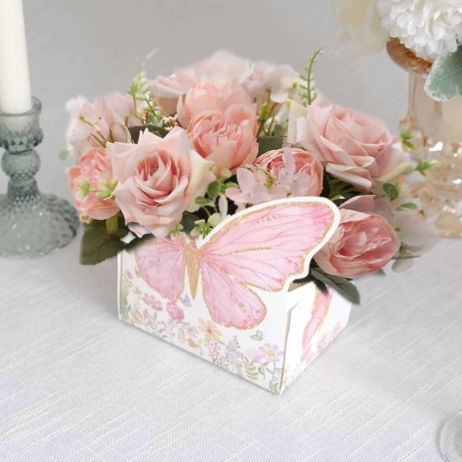 25-Pack Disposable Food Trays White/Pink Glitter Butterfly Design Cardstock - Whimsical Disposable Serving Tray Food Boats for Girls Birthday Baby Shower Party Supplies 6"x7"
