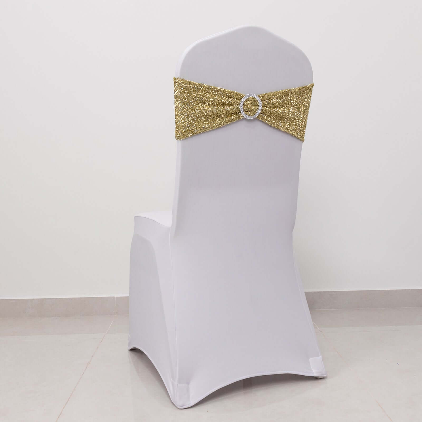 5 Pack Chair Sashes Shimmer Tinsel Spandex 5"x12" with Silver Rhinestone Buckles Champagne - Stylish Chair Bands