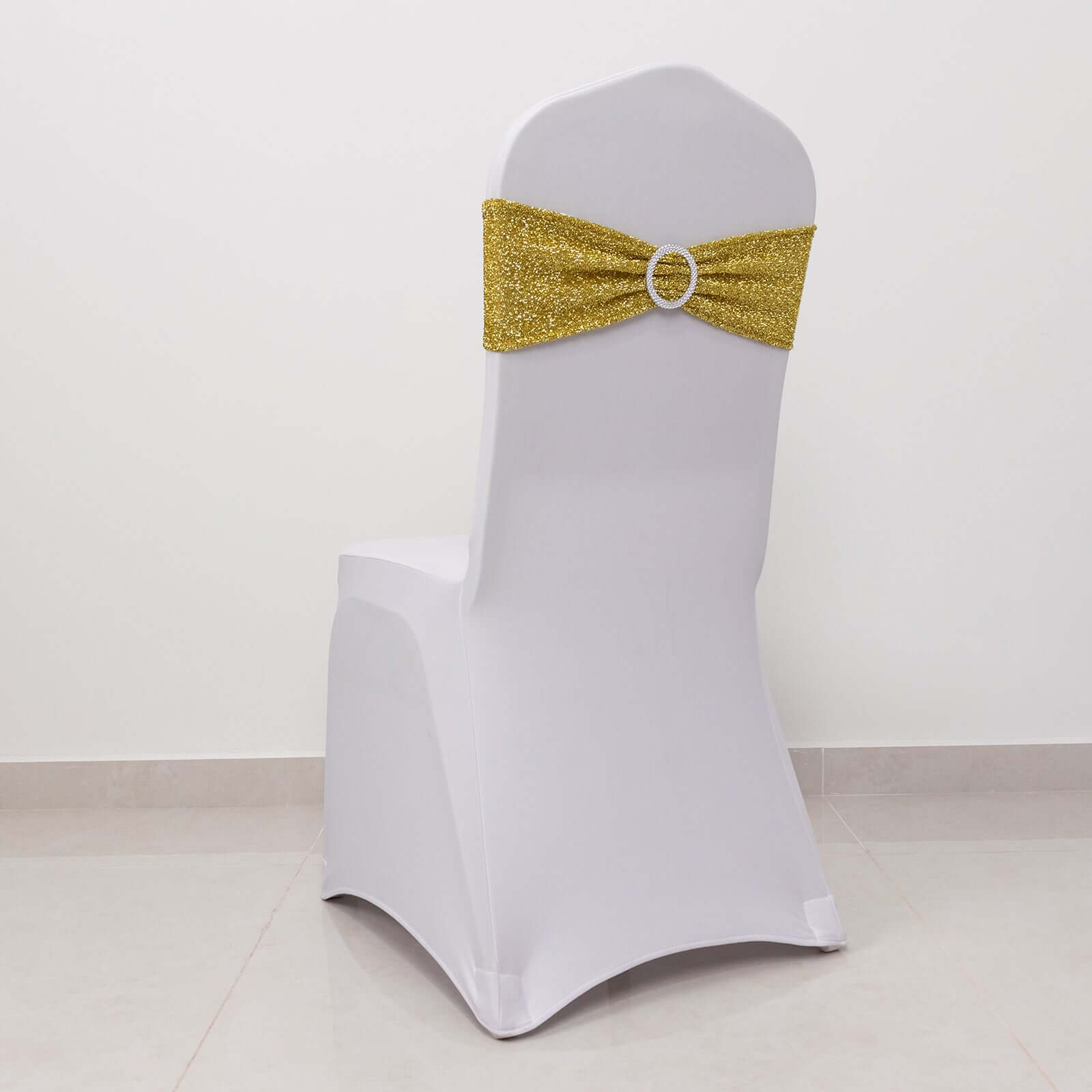 5 Pack Chair Sashes Shimmer Tinsel Spandex 5"x12" with Silver Rhinestone Buckles Gold - Stylish Decor for Weddings