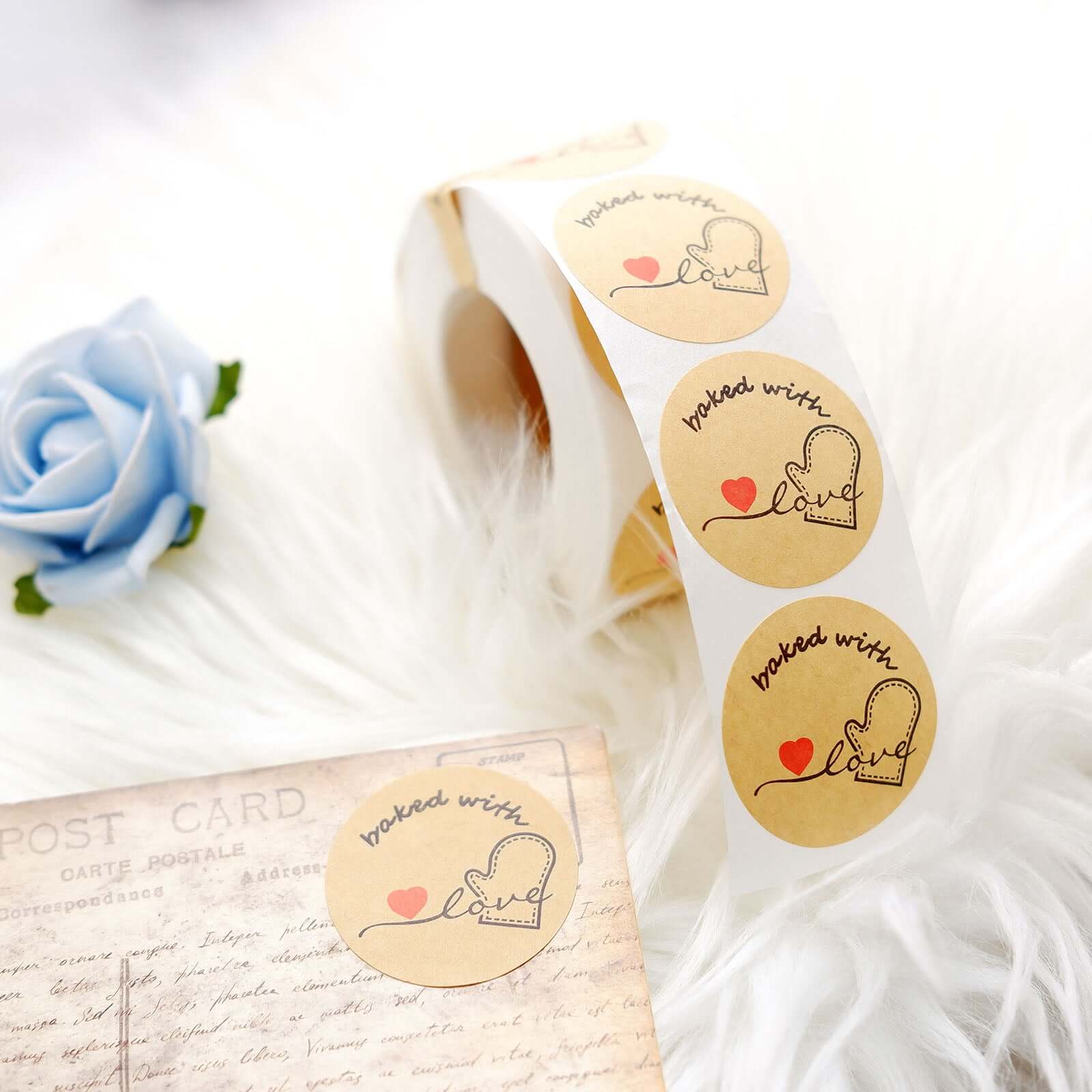 500Pcs 1.5" Baked With Love Stickers Roll, Cookie and Bakery Box Labels - Round