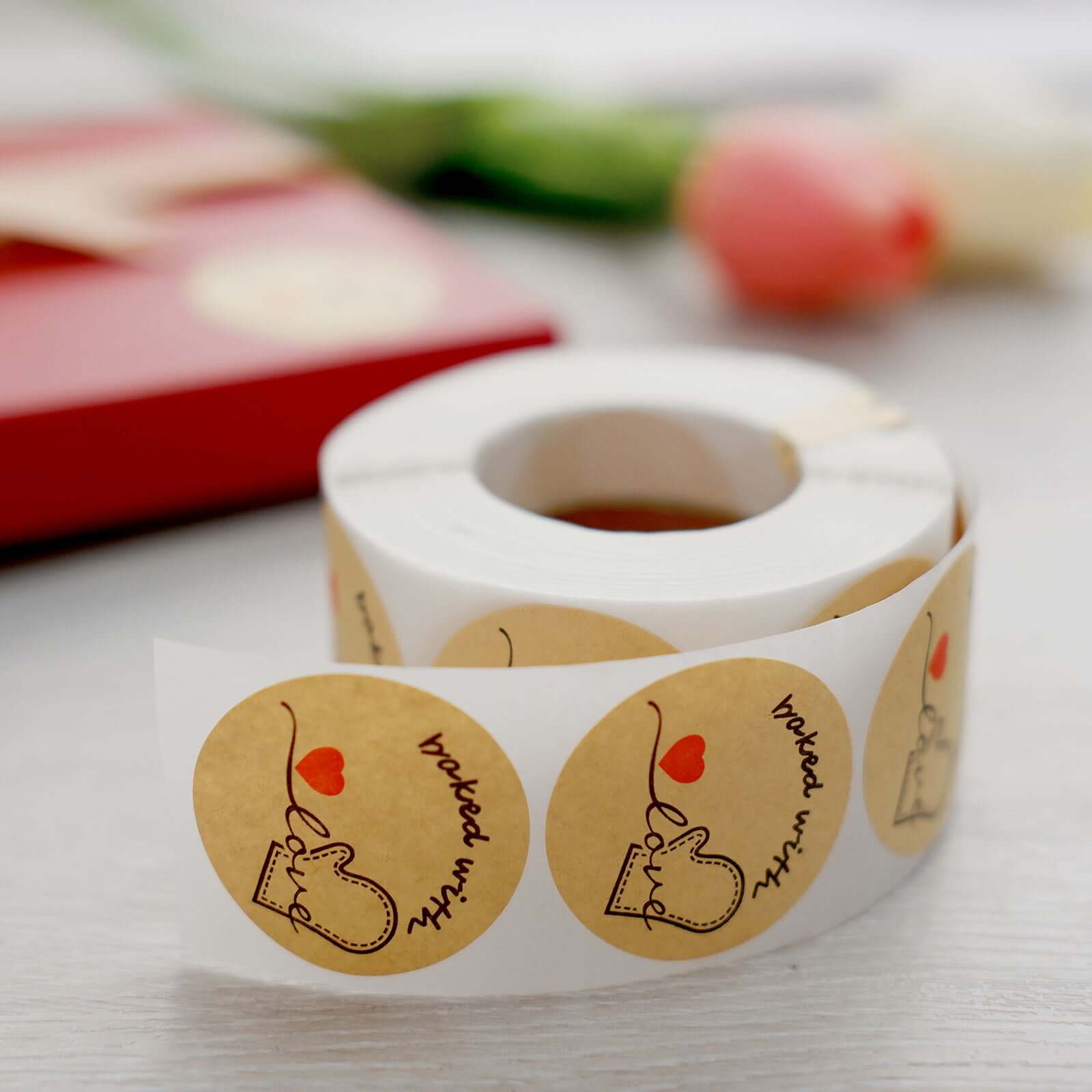 500Pcs 1.5" Baked With Love Stickers Roll, Cookie and Bakery Box Labels - Round