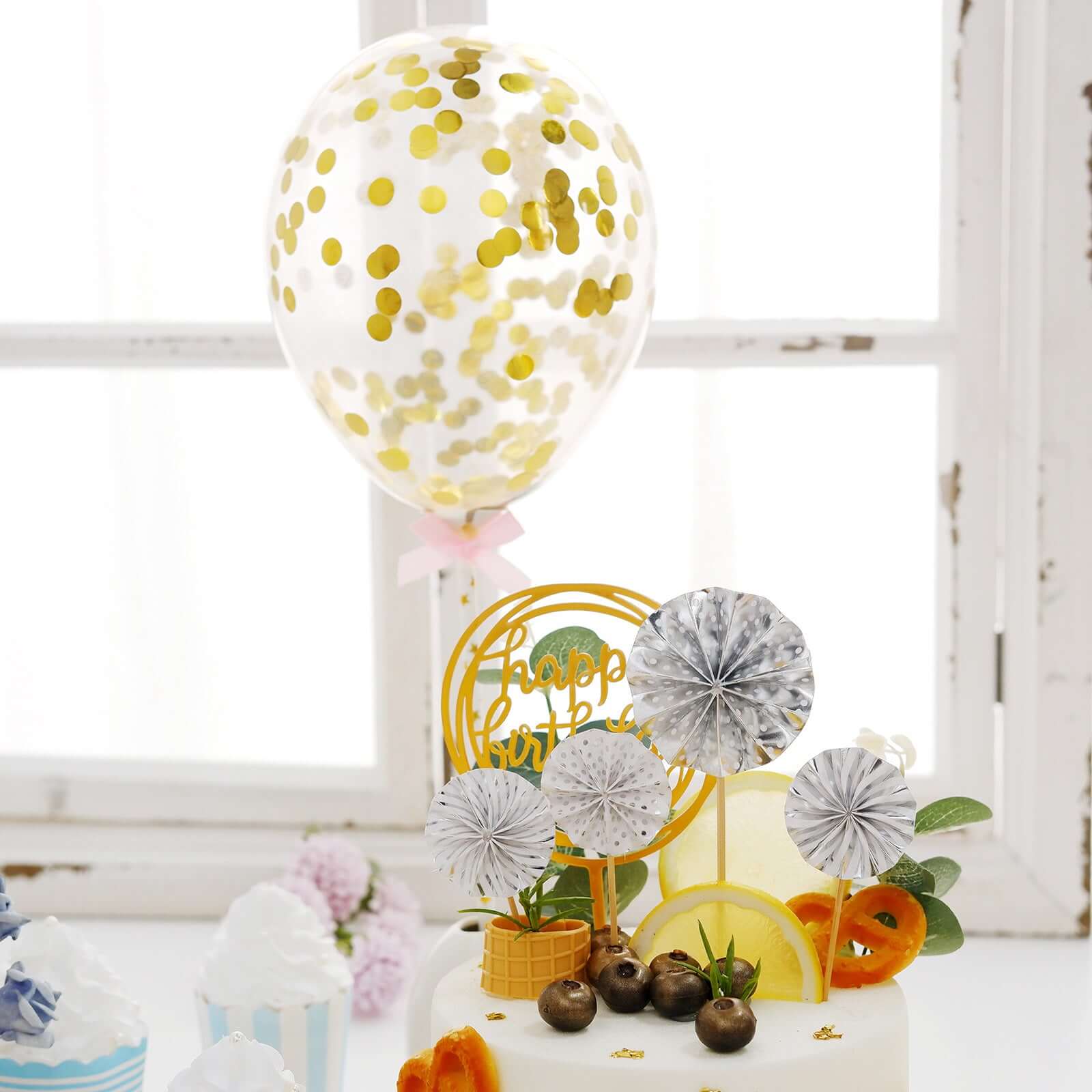 6 Pcs Happy Birthday Cake Topper Silver/Gold - Fun Cake Decoration with 4 Mini Paper Fans & Confetti Balloon for Themed Parties & Special Occasions