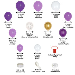 121 Pack Purple, White, Gold, Clear DIY Balloon Garland Arch Party Kit