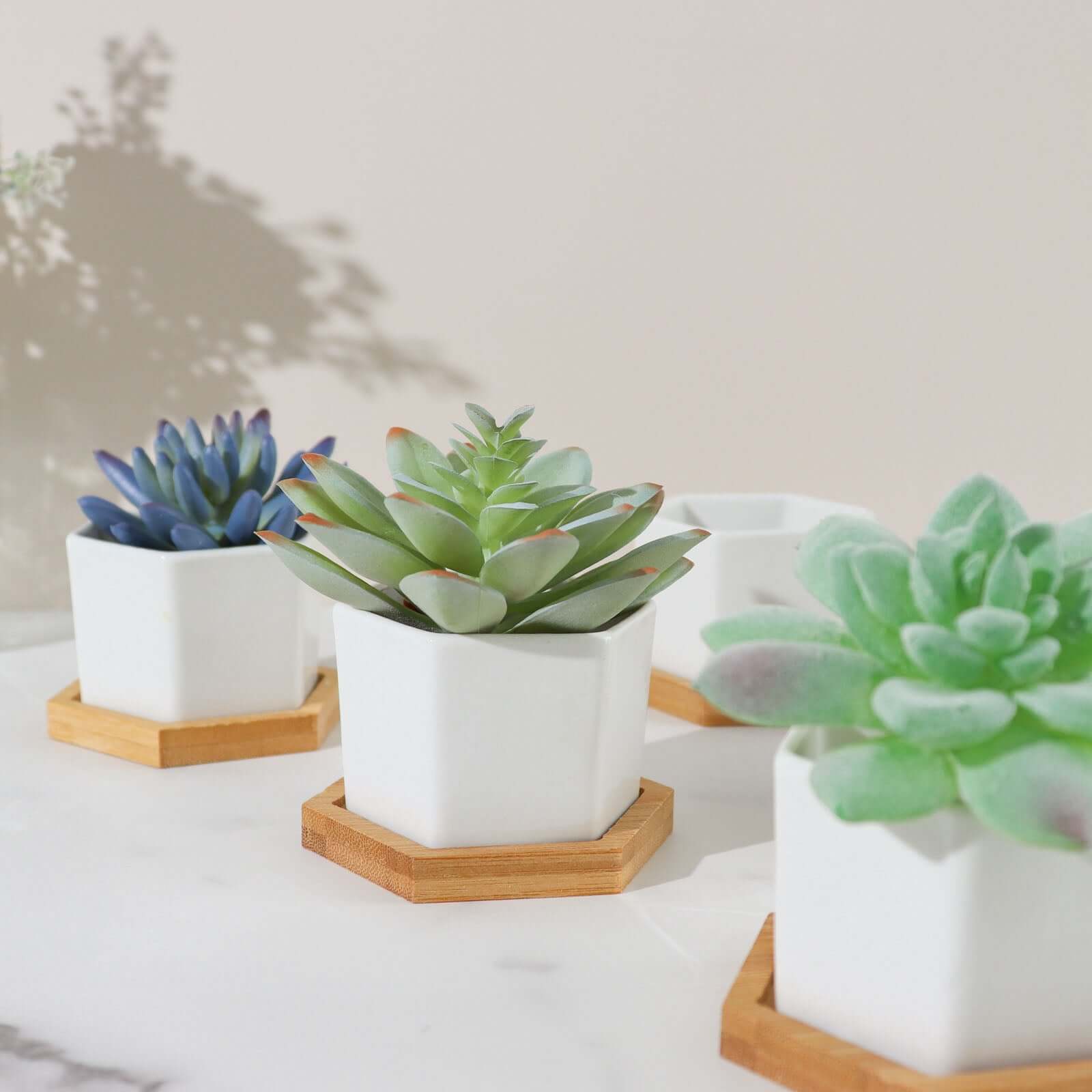 6-Pack Planter Pots Geometric Hexagon Design White - Ceramic Pots with Bamboo Tray and Removable Bottom 3"