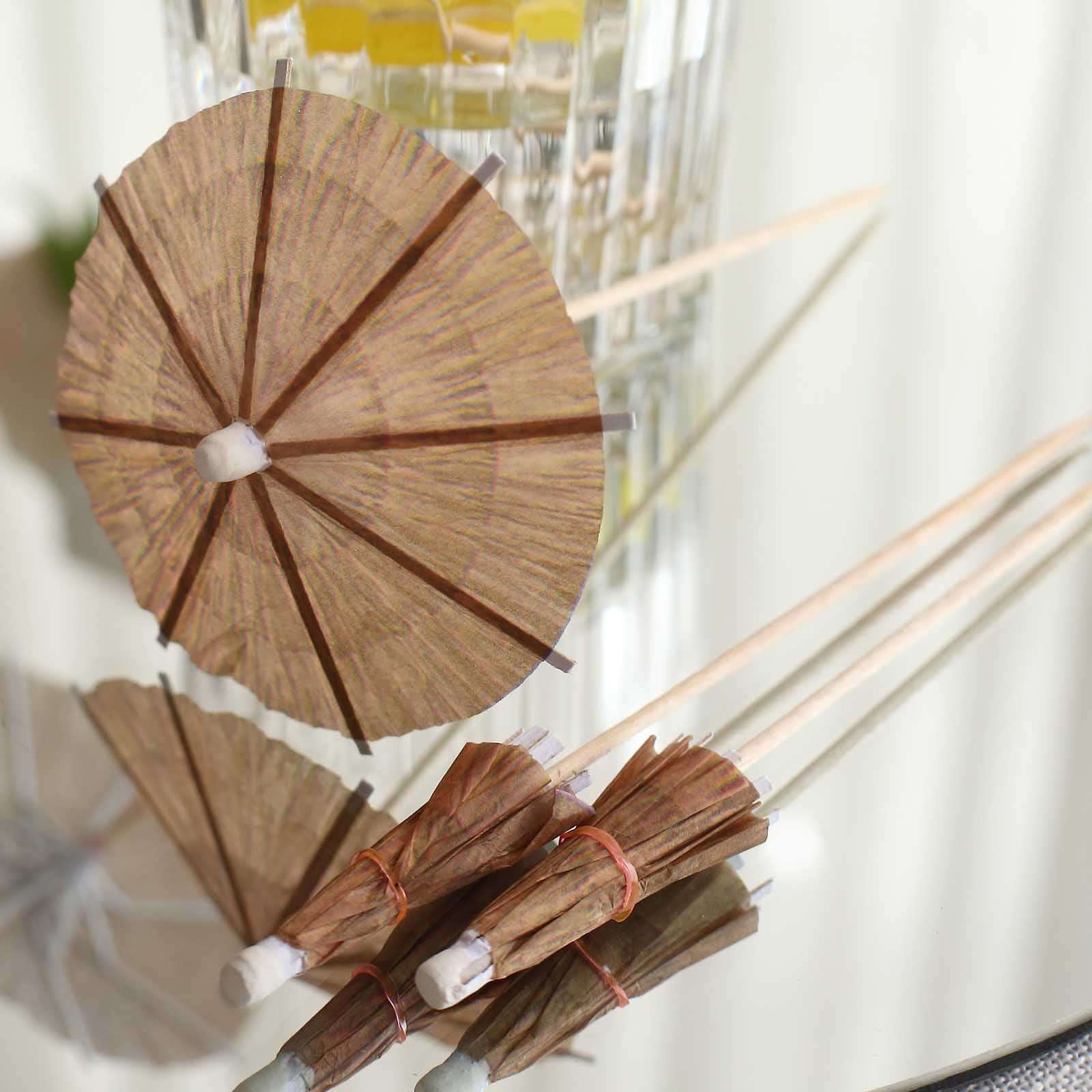 50-Pack Bamboo Cocktail Sticks Tiki Hut Paper Umbrella Design Eco Friendly Natural - Biodegradable Party Picks 6"