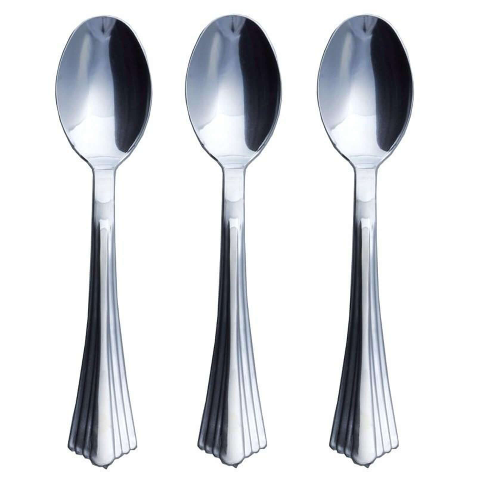25-Pack Plastic Spoons Light Silver Heavy Duty with Fluted Handles - Reliable Disposable Cutlery 7"
