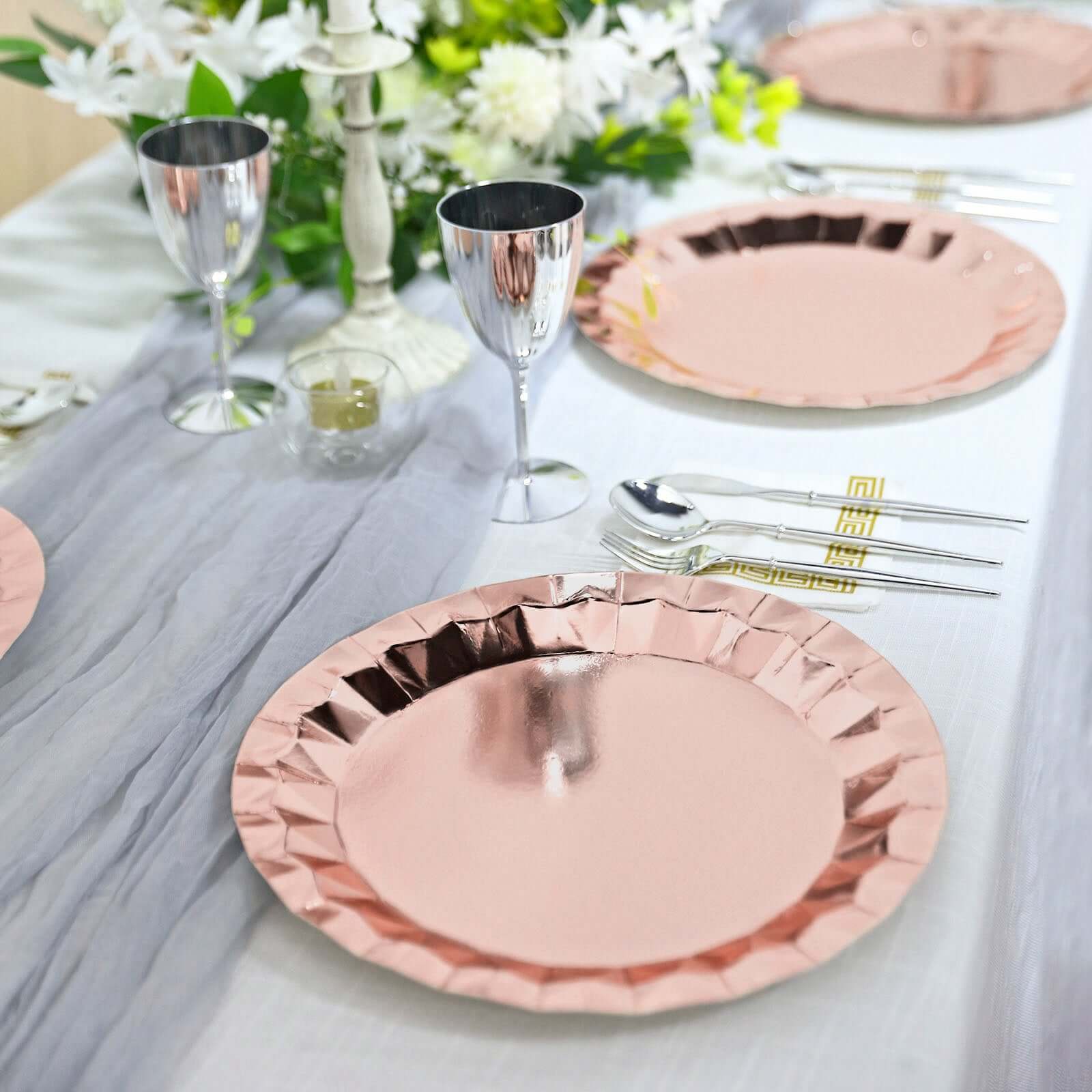 25-Pack Paper 12" Round Charger Plates in Metallic Rose Gold with Geometric Prism Design - Disposable 400GSM Serving Trays