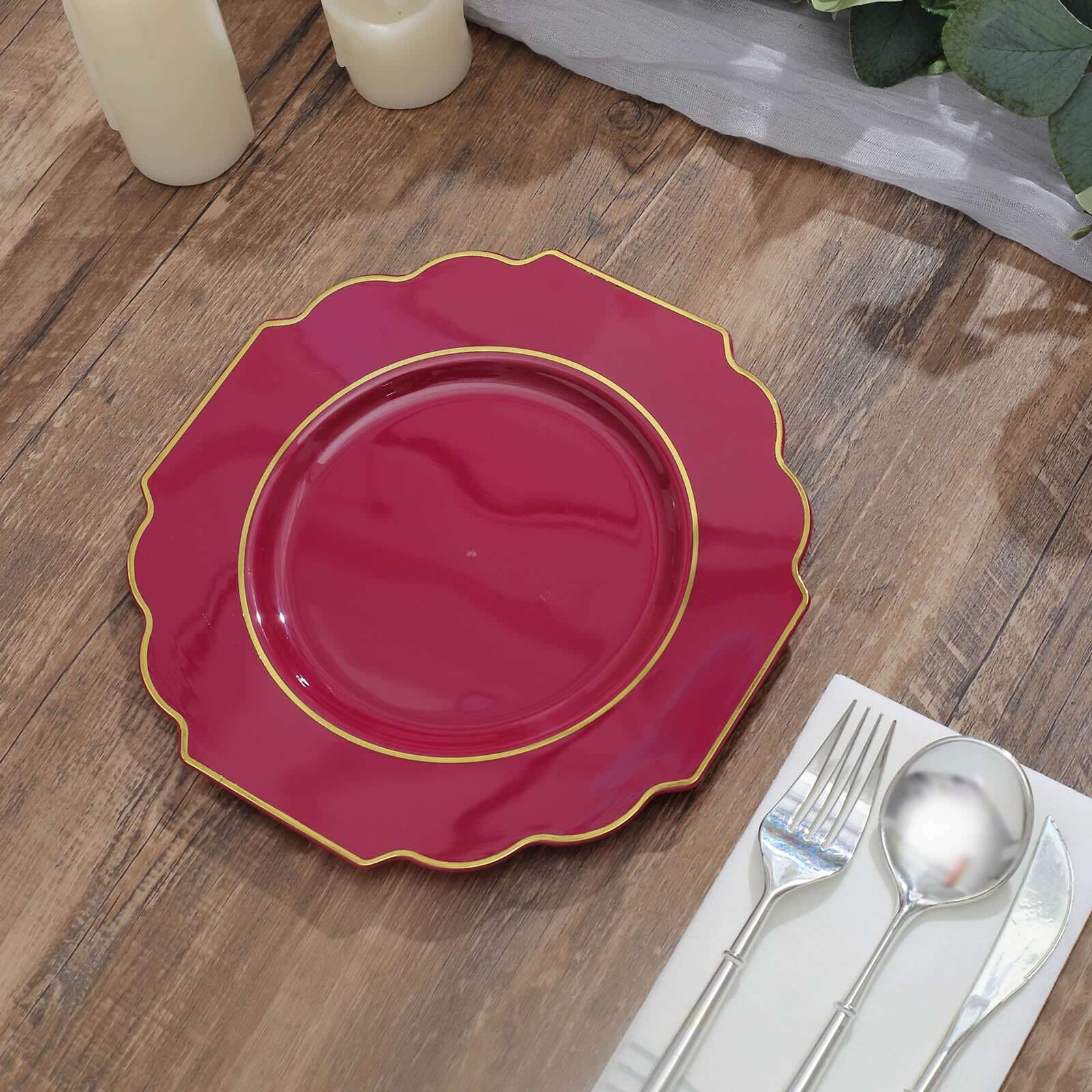 10-Pack Plastic Dessert Appetizer Plates in Burgundy Baroque Design with Scalloped Gold Rim - Heavy Duty Disposable Salad Plates 8"