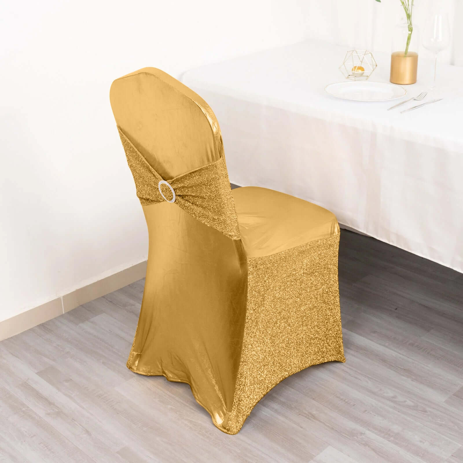 Spandex Banquet Chair Cover Metallic Gold Tinsel with Sash and Rhinestone Buckle - Luxe Shimmering Fitted Slipcover for Events