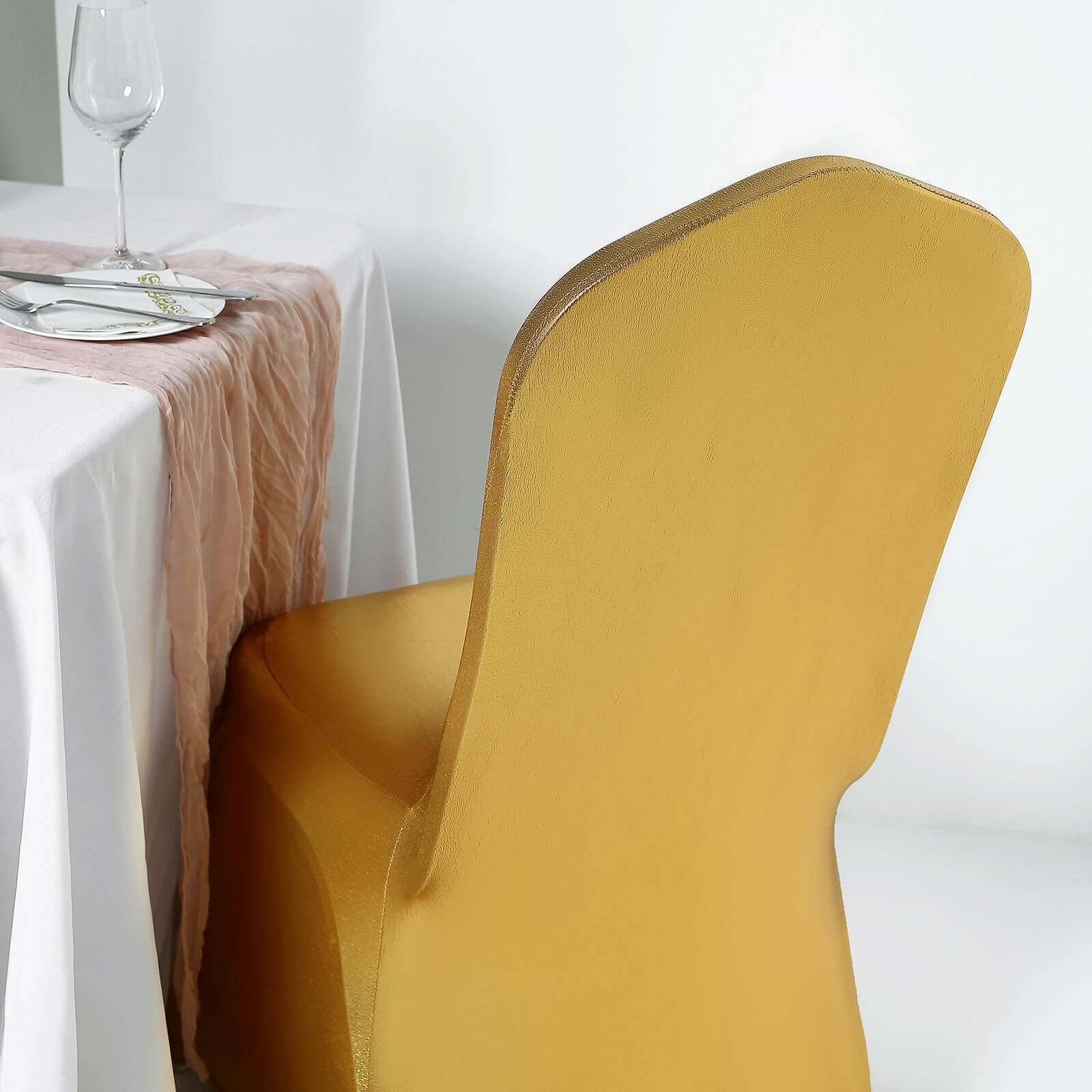 Shiny Metallic Gold Spandex Banquet Chair Cover, Glittering Premium Fitted Chair Cover