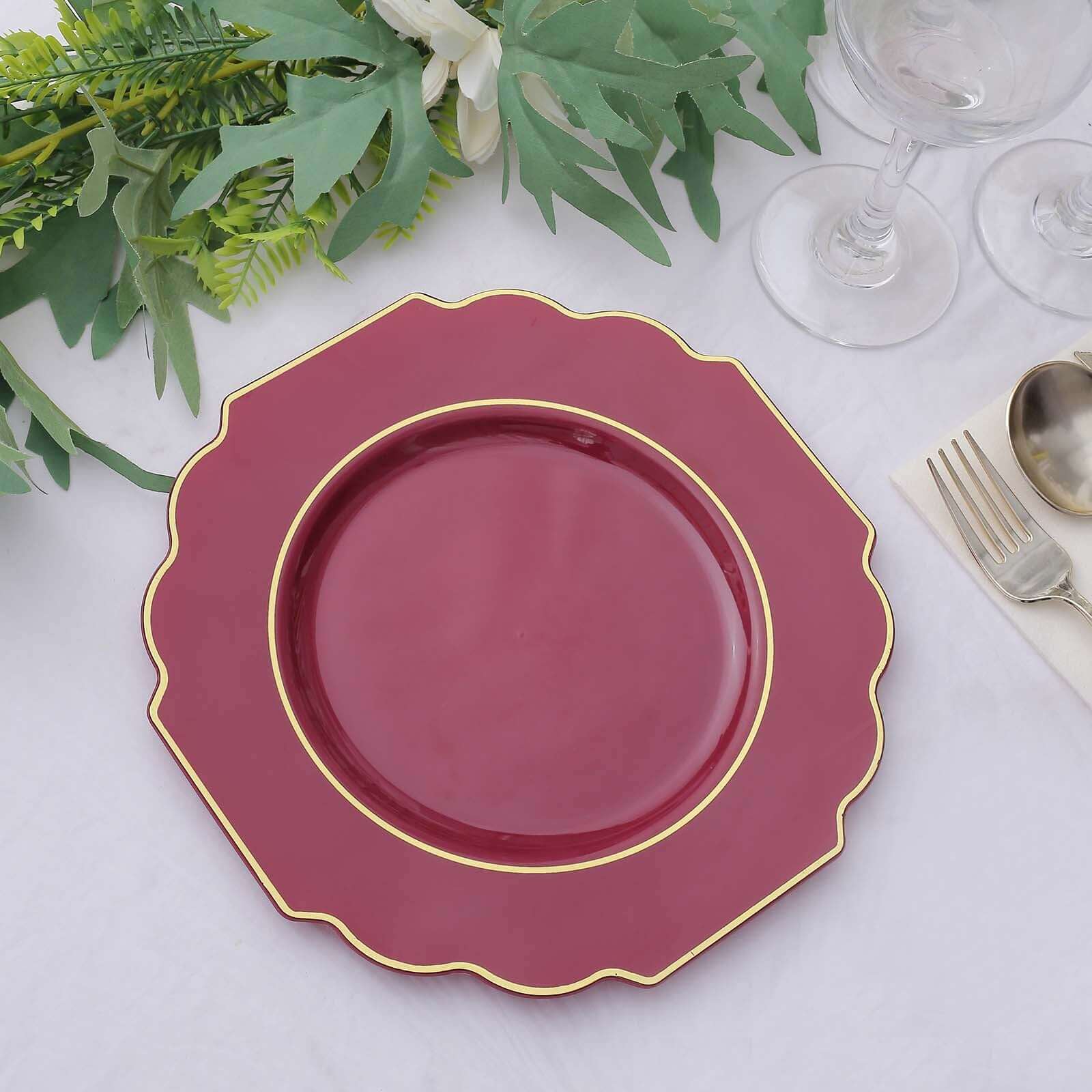 10-Pack Plastic Dessert Appetizer Plates in Burgundy Baroque Design with Scalloped Gold Rim - Heavy Duty Disposable Salad Plates 8"