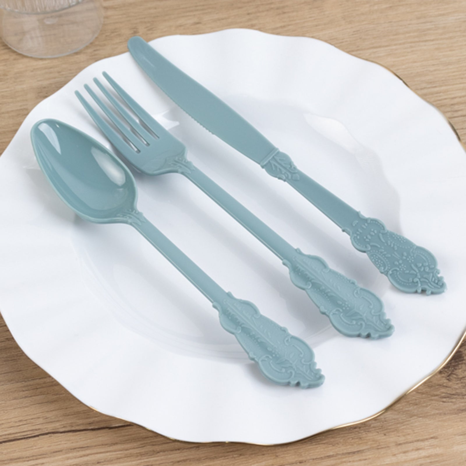 72 Pcs Plastic Silverware Set in Baroque Style Dusty Blue - Heavy Duty Disposable Knife, Fork, and Spoon Set