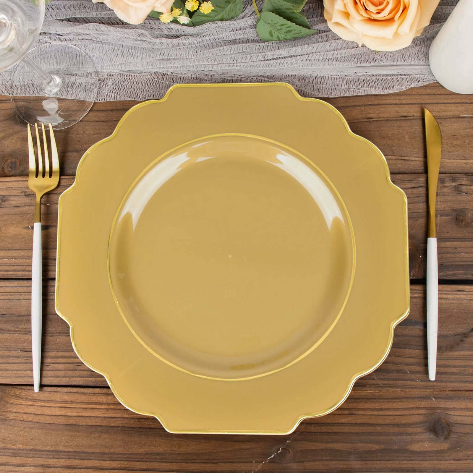 10-Pack Plastic Dinner Plates in Gold Baroque Design with Scalloped Gold Rim - Heavy Duty Disposable Party Plates for Events & Banquets 11"