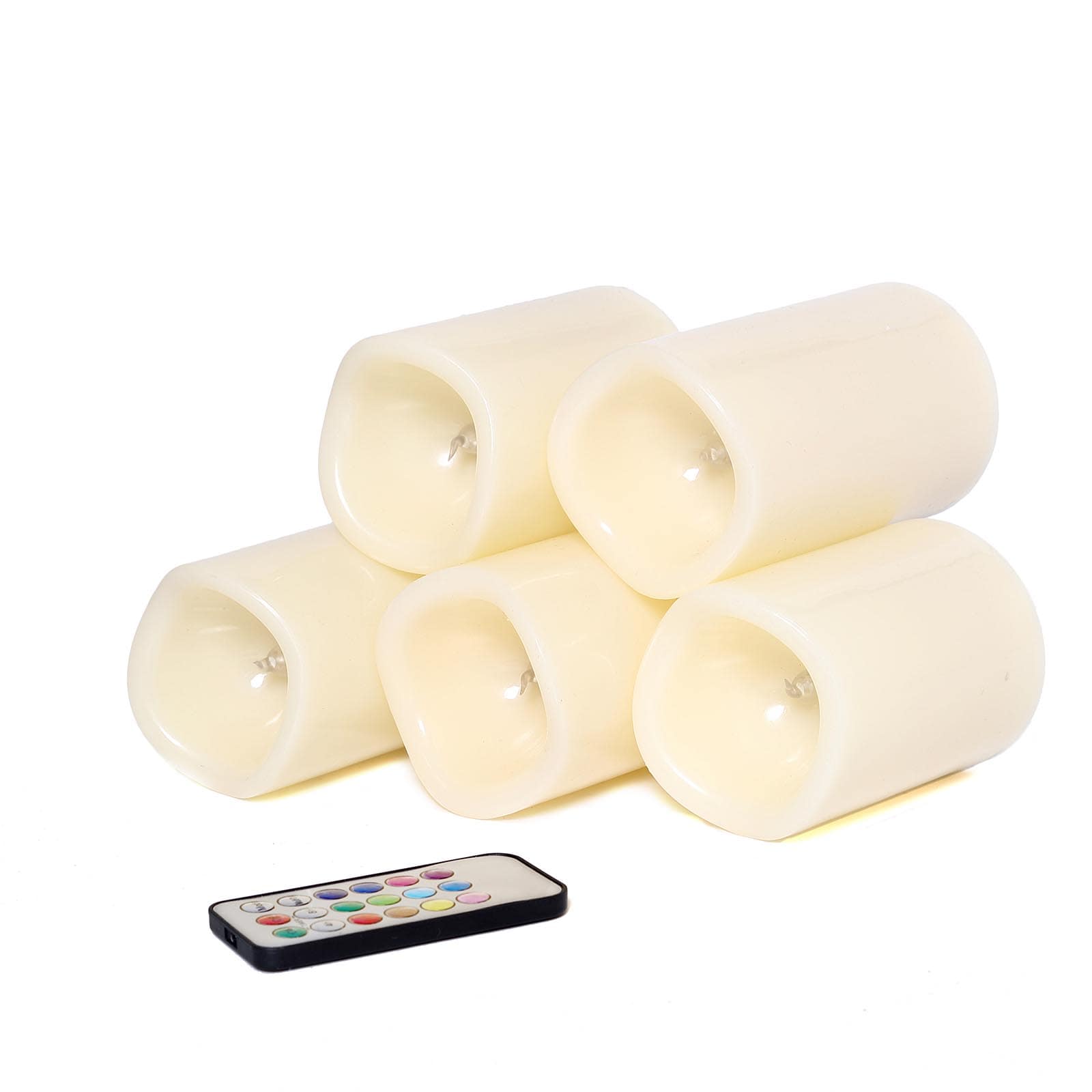 Set of 5 LED Flickering Pillar Candles Color Changing Ivory with Remote - Battery Operated 4", 5", 6"