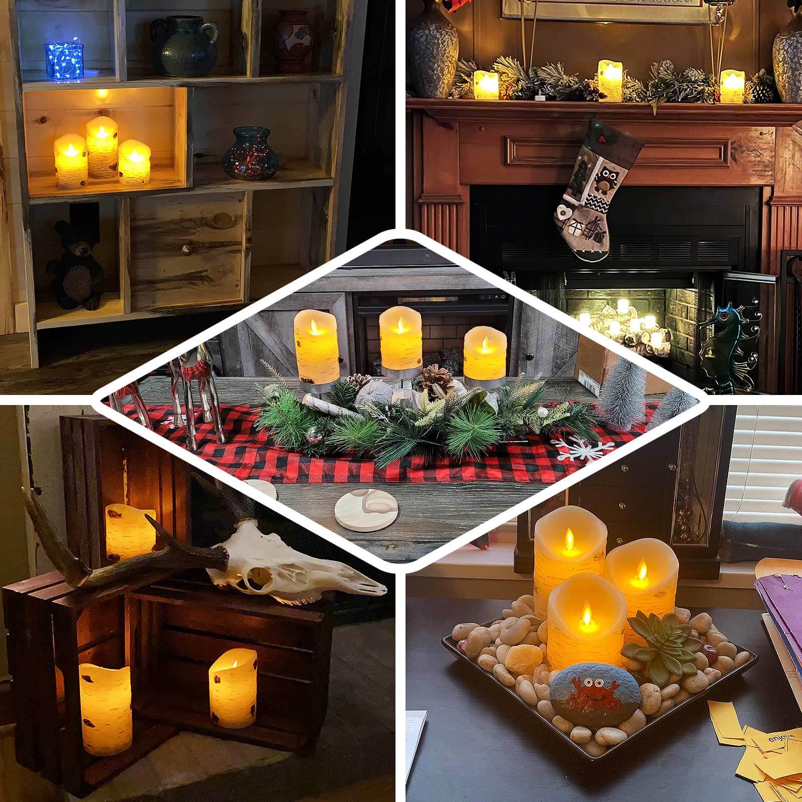 Set of 3 LED Flameless Pillar Candles Burnt Birch Bark Design Warm White - Battery Operated with Remote