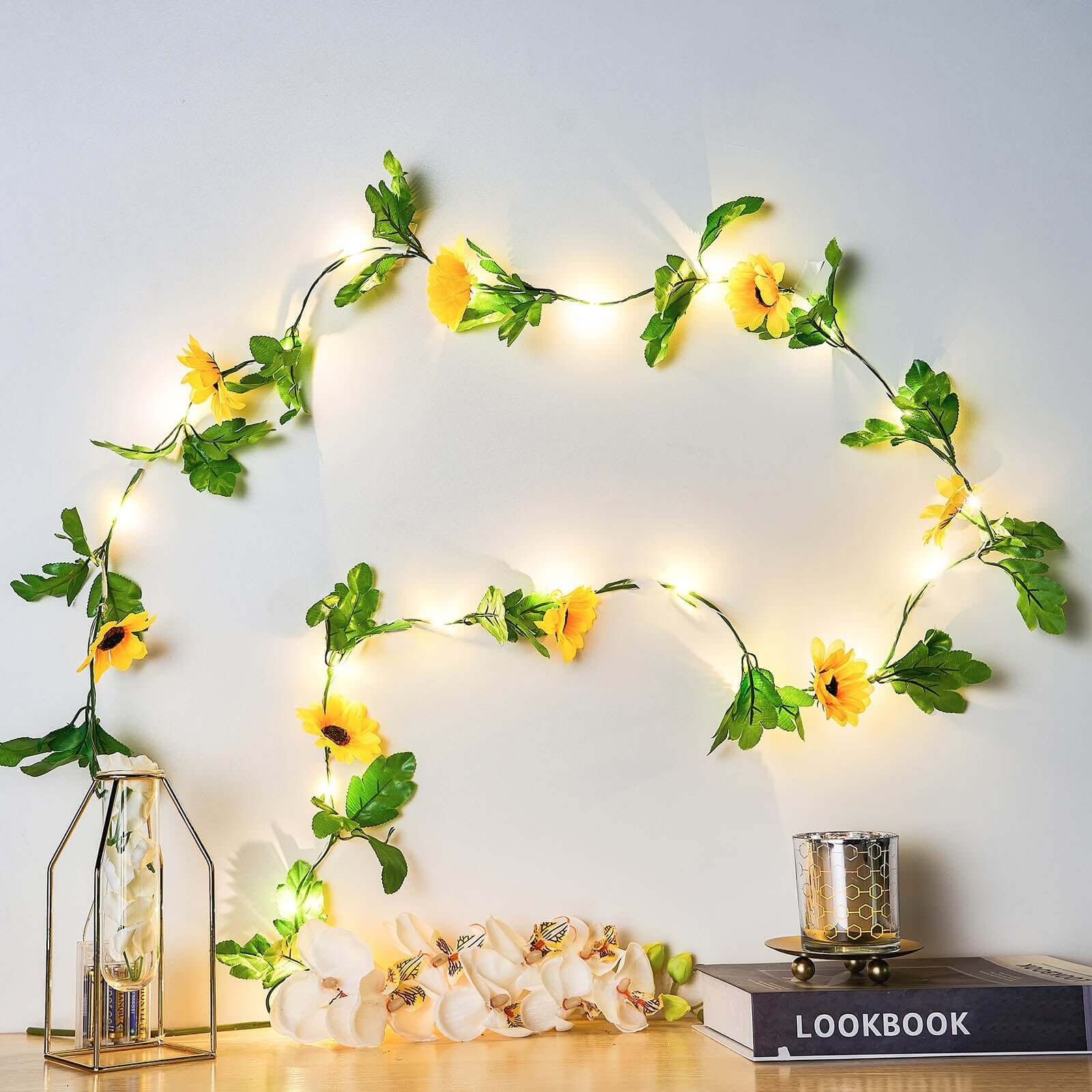 20 LED Garland Vine String Lights Sunflower Design Warm White - Battery Operated Party Accent 8ft