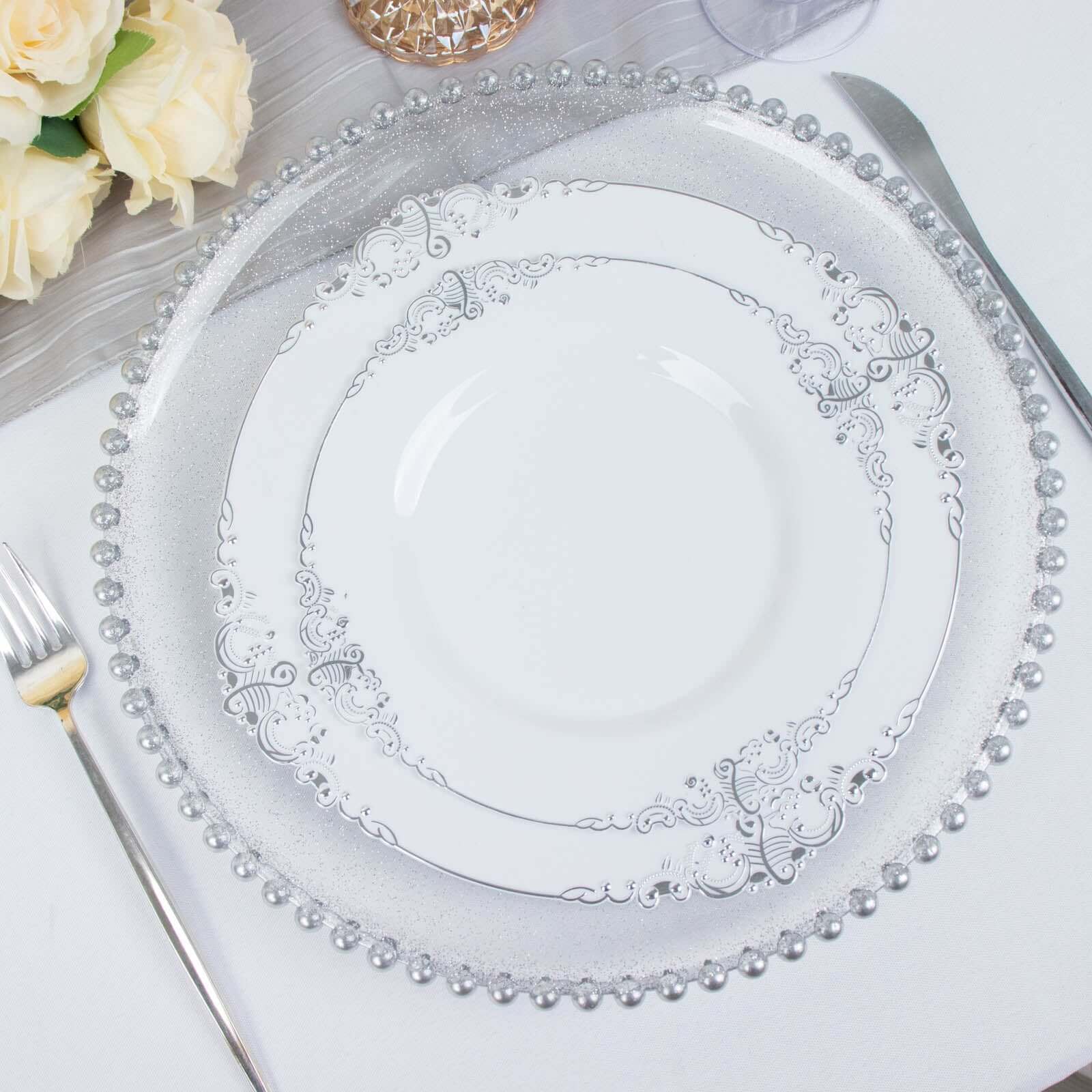 6-Pack Acrylic Round Charger Plates 13" in Clear Silver Glittered with Beaded Rim, Decorative Dinner Party Serving Plates