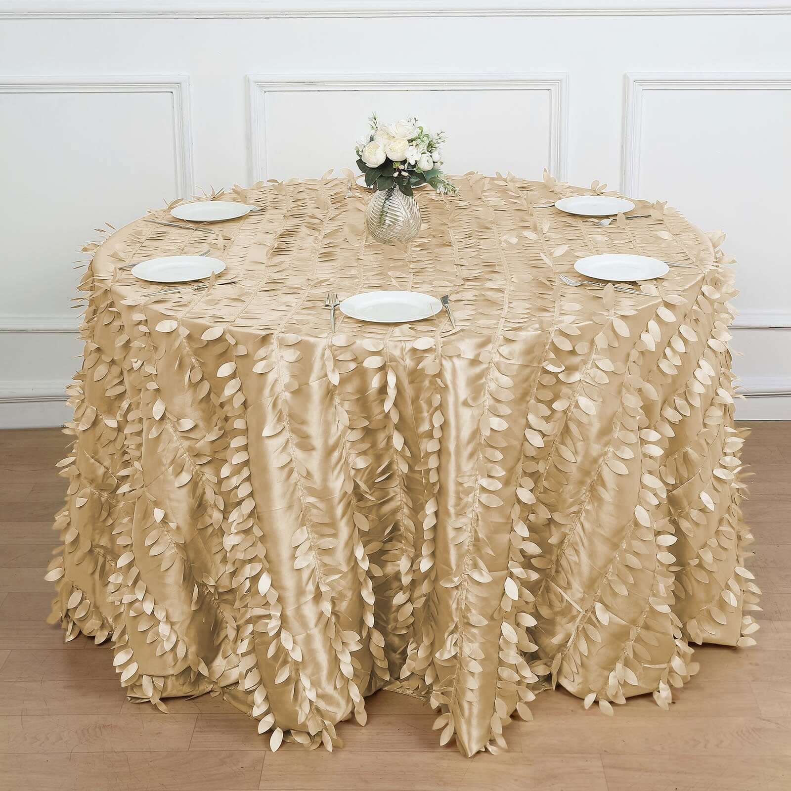 Taffeta 120" Round Tablecloth Champagne 3D | 3D Leaf Petal Design Seamless Table Cover