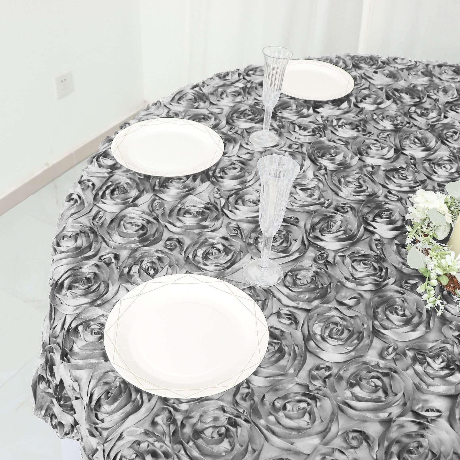 Satin 72"x72" Table Overlay Square Tablecloth Silver - 3D Rosette Table Cover