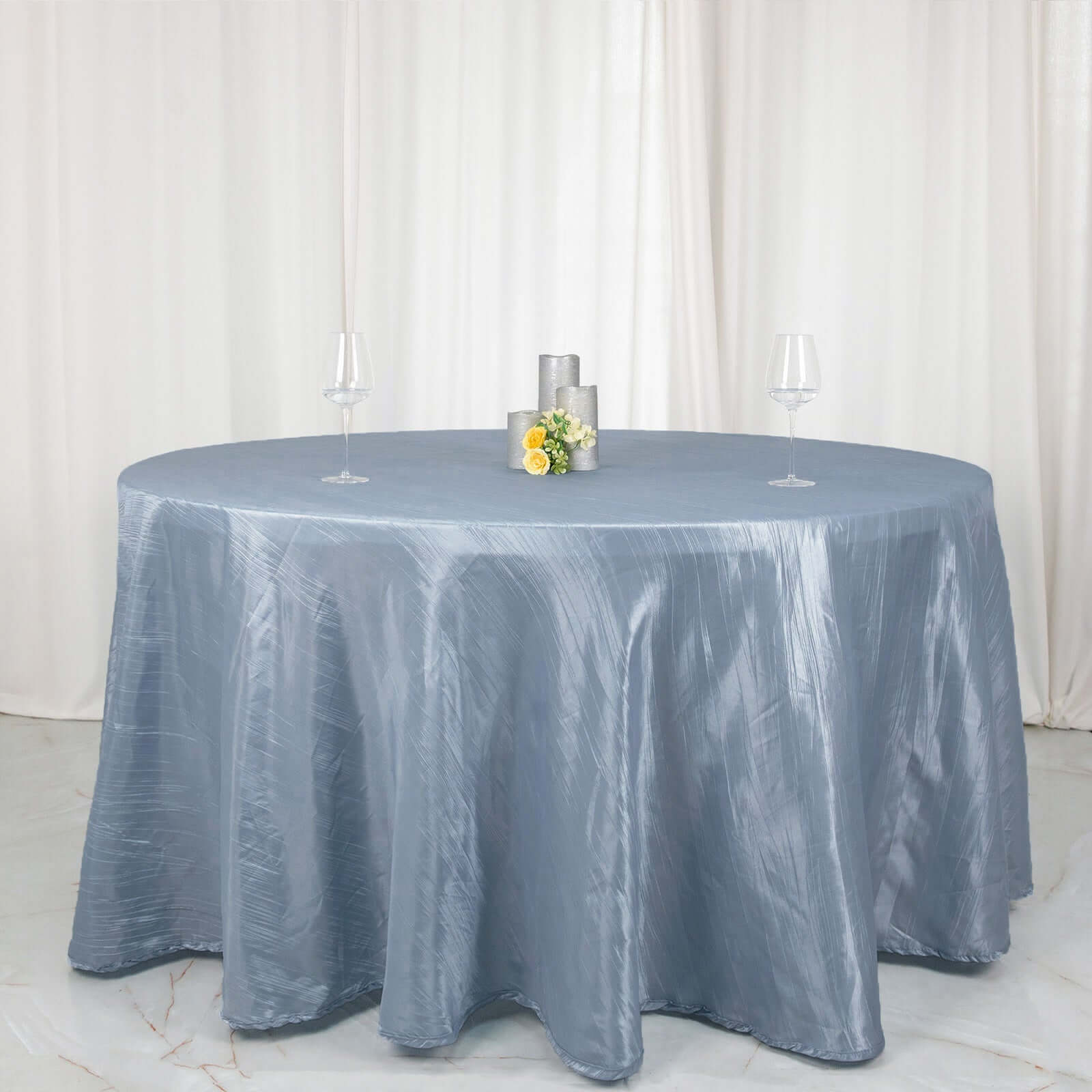 Taffeta 120" Round Tablecloth Dusty Blue - Seamless Accordion Crinkle Table Cover