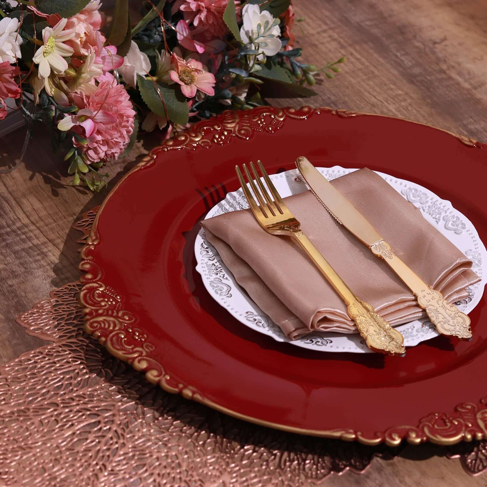 6-Pack Acrylic Round Charger Plates 13" in Burgundy with Gold Embossed Baroque Rim, Antique Decorative Dinner Party Charger Tableware