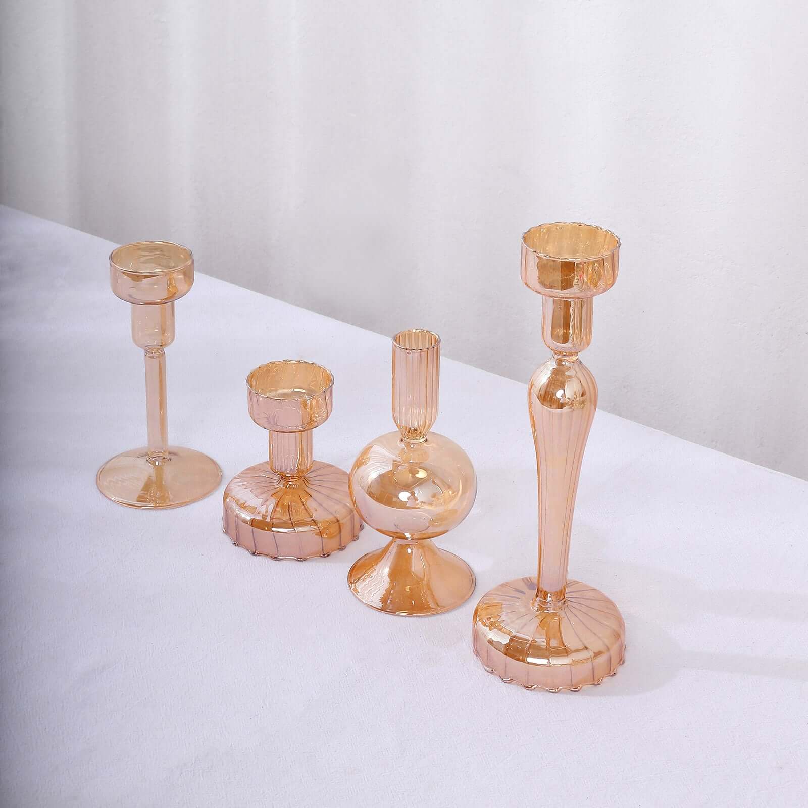 Set of 4 Glass Taper Votive Candle Holders Lined Crystal Design Assorted Amber Gold - Tea Light Stand Set 4", 5.5", 6", 9"