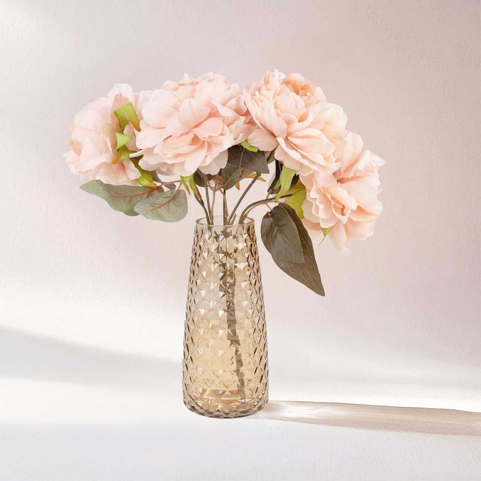 6-Pack Glass Urn Vases Amber Gold with Diamond Crystal Cut Pattern - Stylish Decorative Design for Event Decor 8.5"