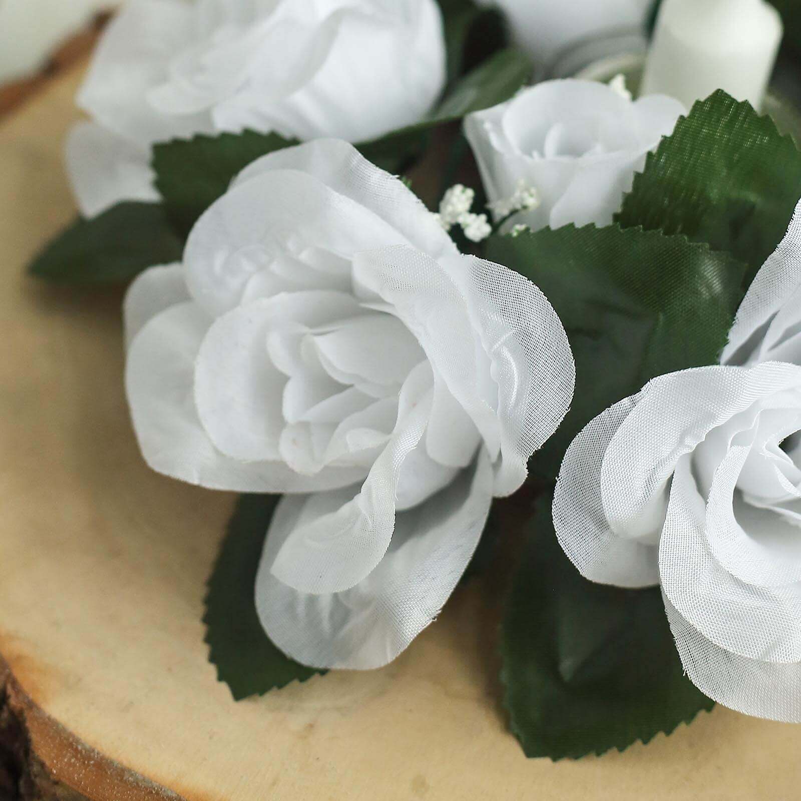 4 Pack 3" White Artificial Silk Rose Flower Candle Ring Wreaths