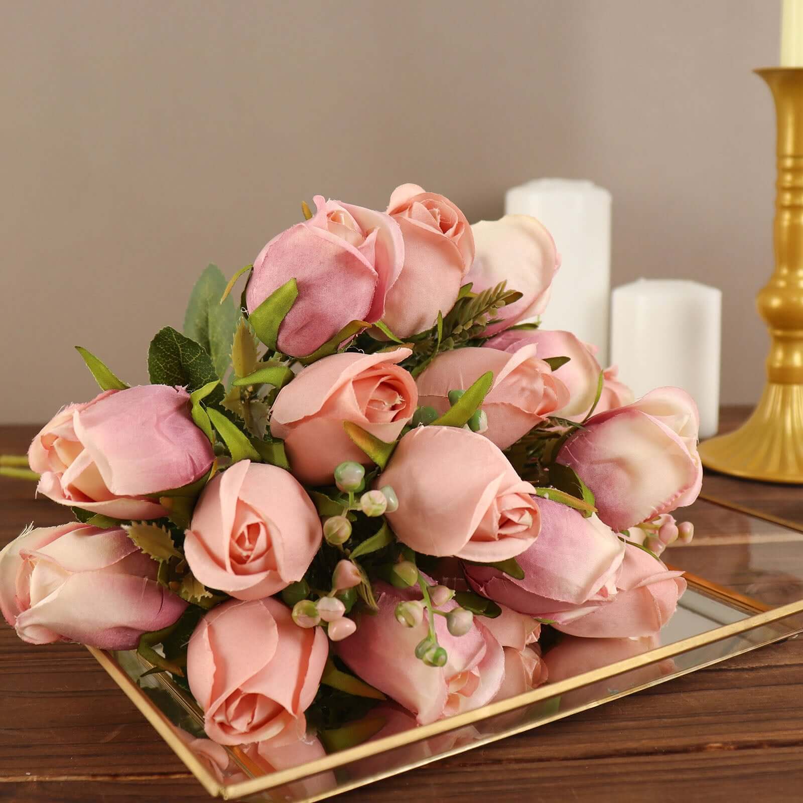 3 Pack 13" Dusty Rose Real Touch Silk Rose Bud Flower Bridal Bouquets, Artificial Floral Bush Arrangements