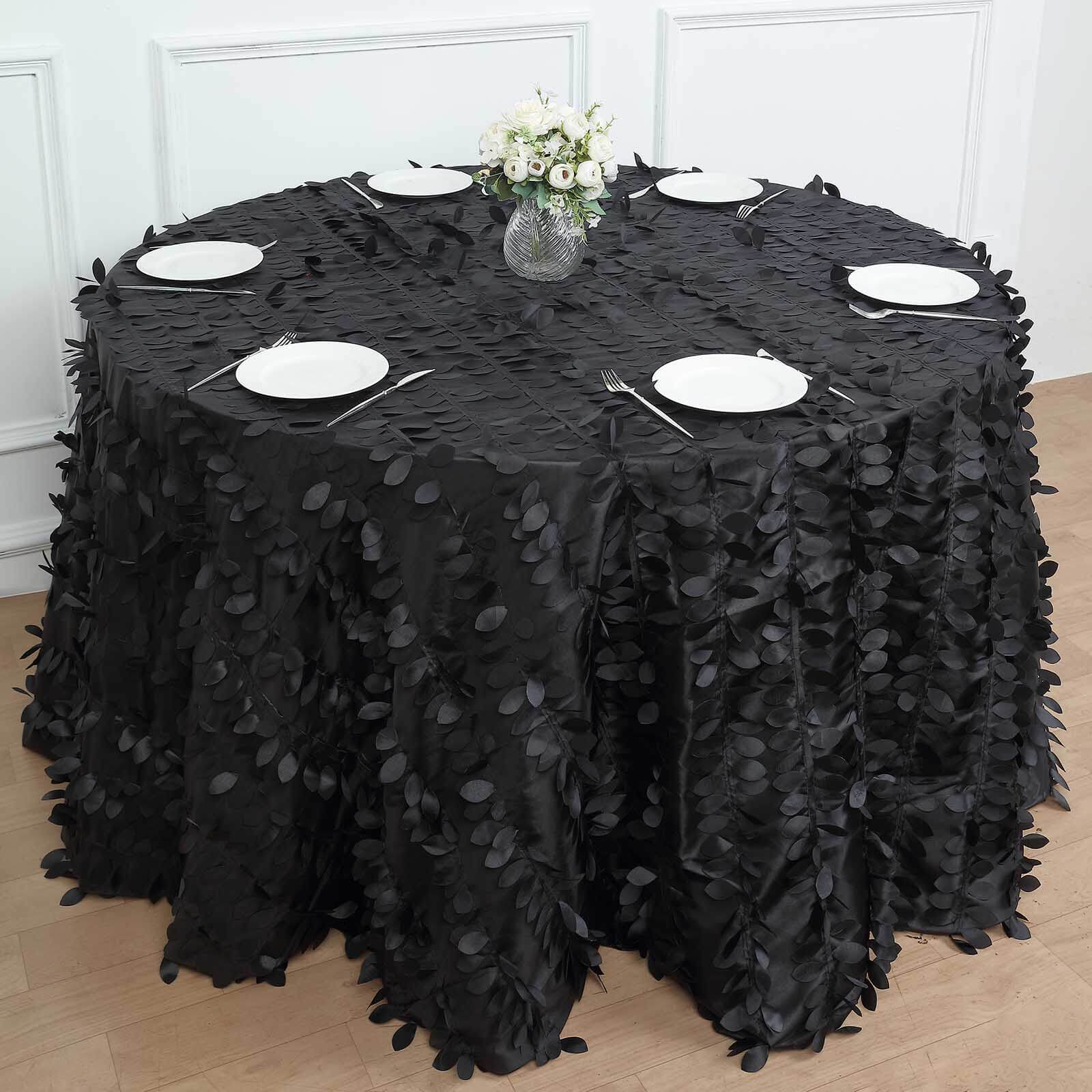 Taffeta 120" Round Tablecloth Black Leaf | 3D Leaf Petal Design Seamless Table Cover