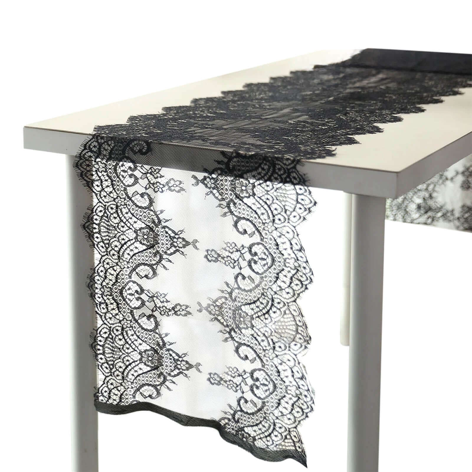 Premium Lace Fabric 15"x117" Table Runner Black - Scalloped Lace Elegance