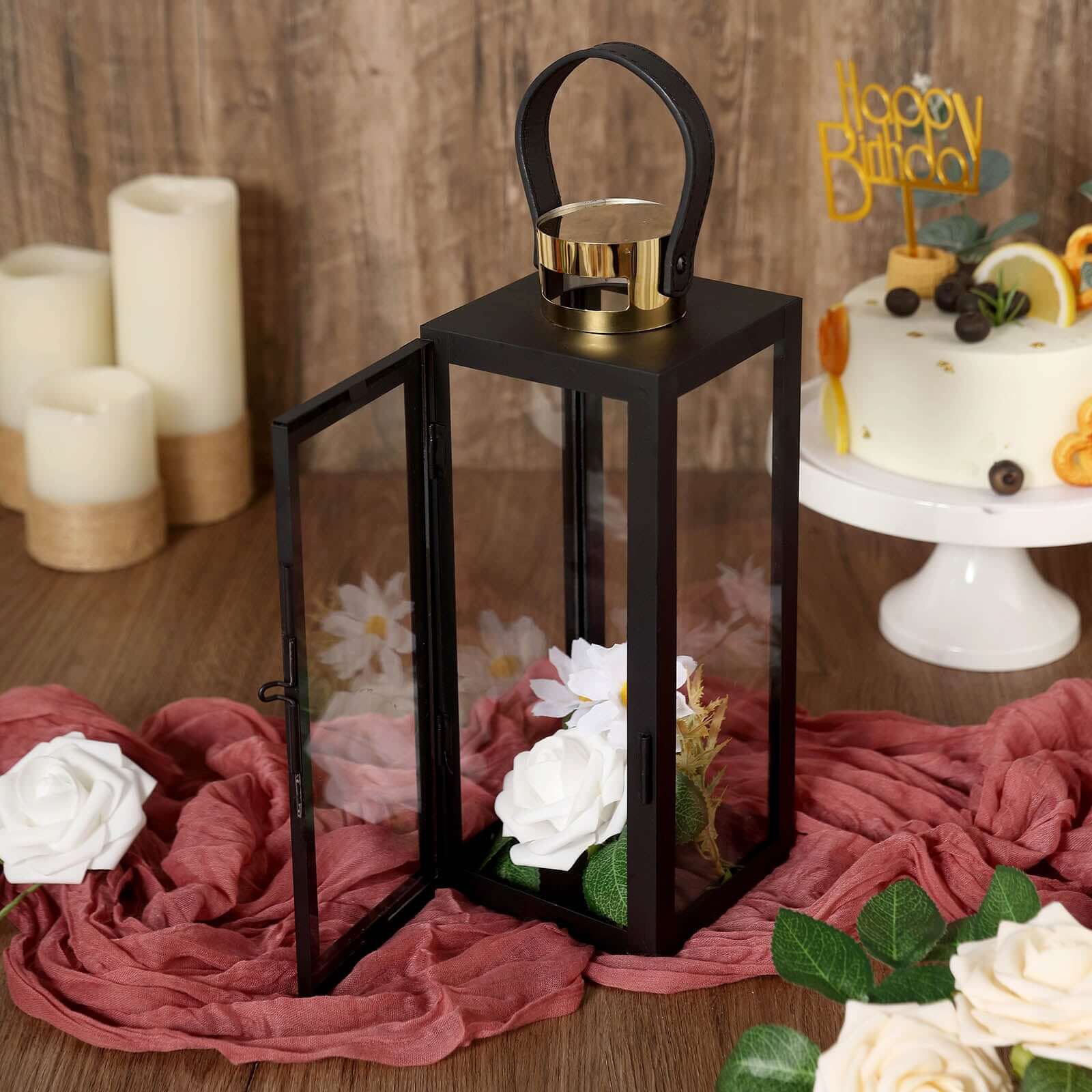 14" Black and Gold Top Stainless Steel Candle Lantern Centerpiece Outdoor Metal Patio Lantern