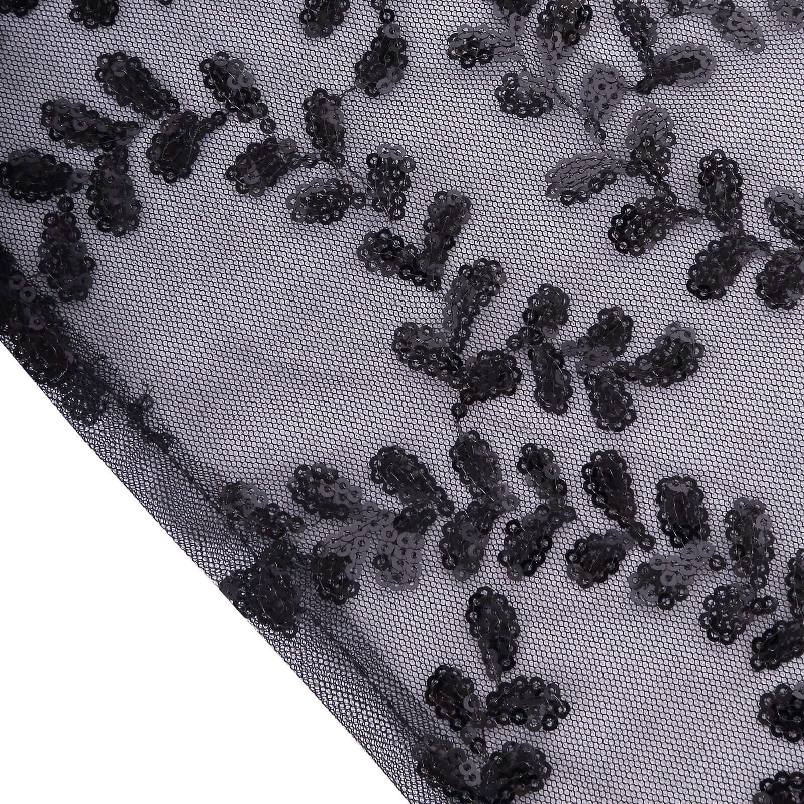 Tulle 120" Round Tablecloth Black - Seamless Sequin Leaf Embroidered Table Cover