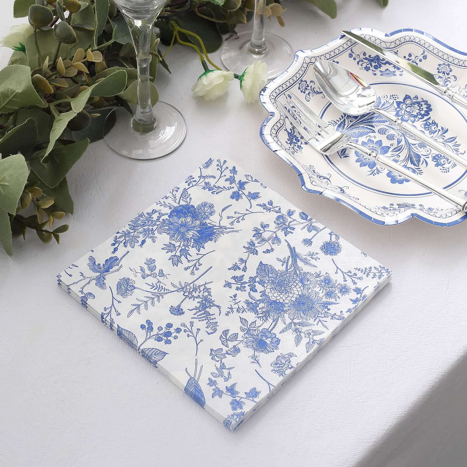 20-Pack Paper Cocktail Napkins with French Toile Print White/Blue - Disposable 2 Ply Beverage Napkins for Events 5"x5"