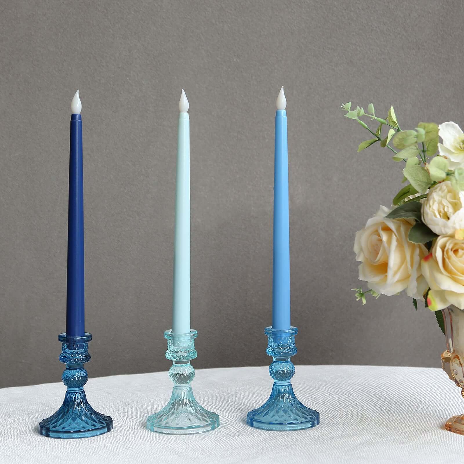 6-Pack Glass Taper Candlestick Holders Diamond Pattern Design Assorted Blue - Reversible Crystal Pillar Votive Stands 4"