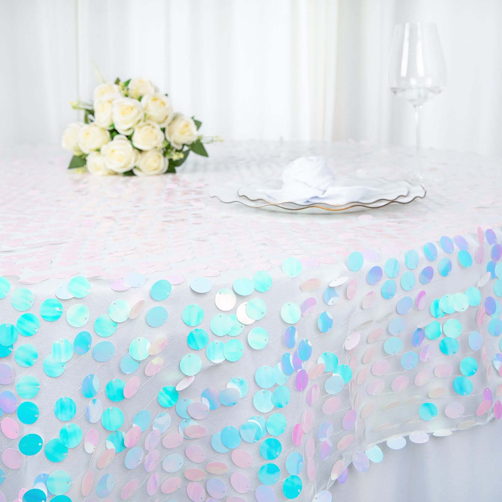 Sequin 72"x72" Table Overlay Square Tablecloth Iridescent Blue - Big Payette Table Cover