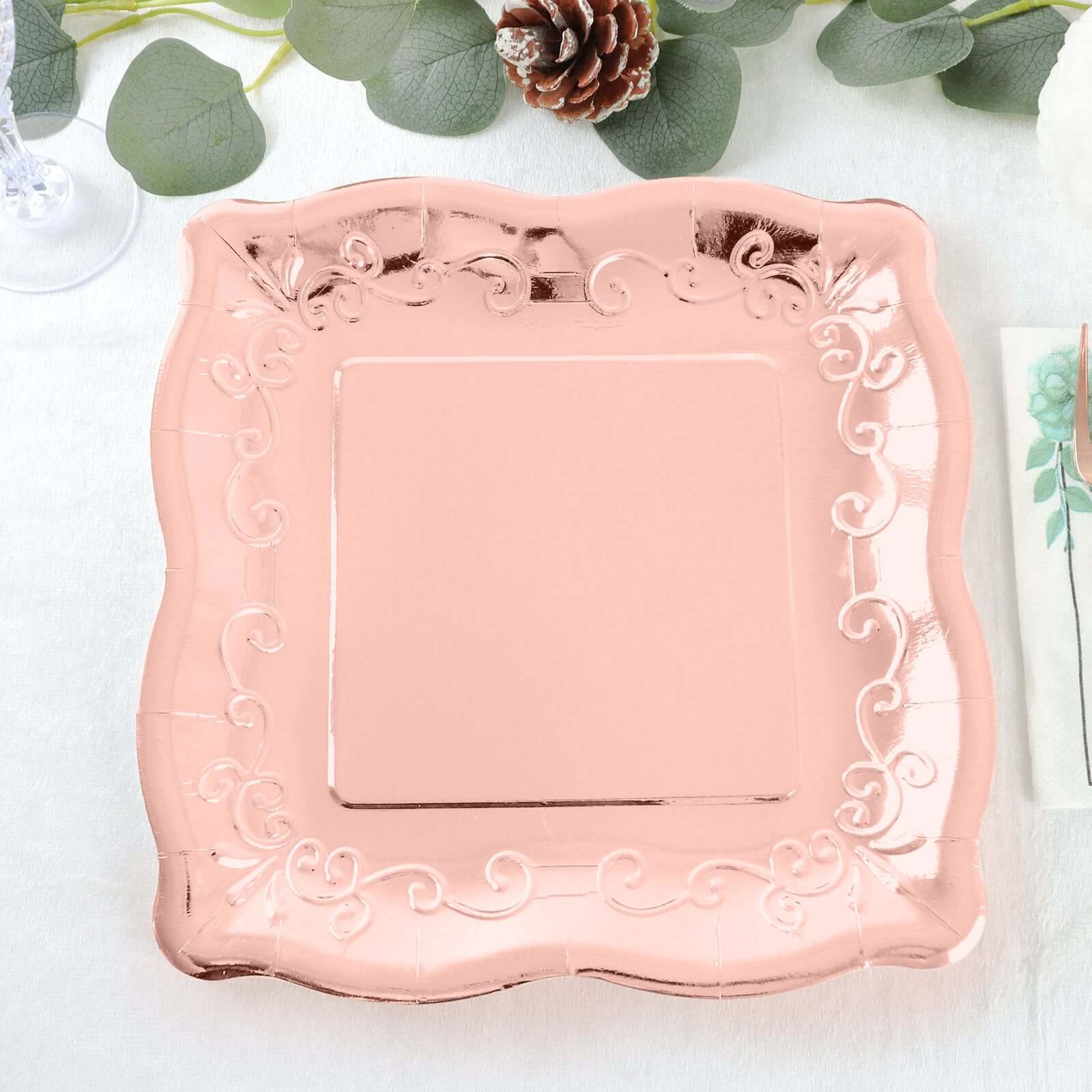 25-Pack Paper 11" Square Dinner Plates in Blush Rose Gold with Vintage Pottery Embossed Design - Shiny Metallic Disposable Serving Plates