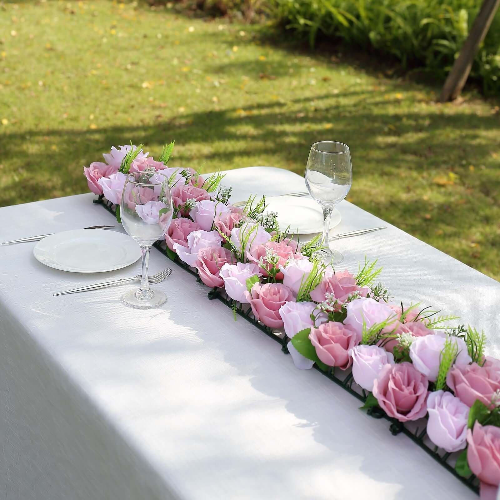 6 Pack Blush Dusty Rose Silk Flower Panel Table Runner, Artificial Floral Arrangements Wedding Table Centerpiece - 20"x8"