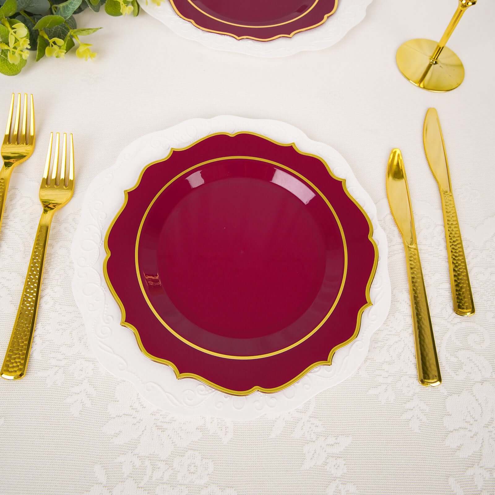 10-Pack Plastic 8" Round Desert Plates in Burgundy with Gold Scalloped Rim - Disposable Appetizer/Salad Plates