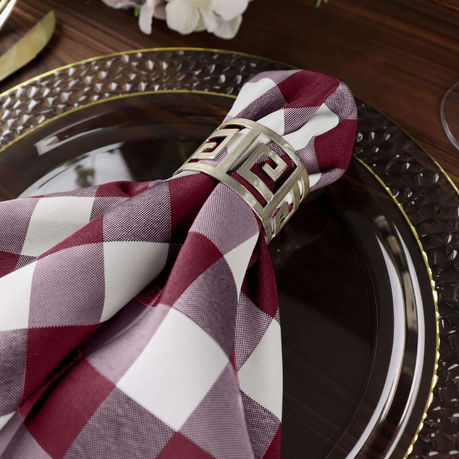 5 Pack Polyester 15"x15" Napkins Burgundy/White Buffalo Plaid Gingham Style Cloth Napkins