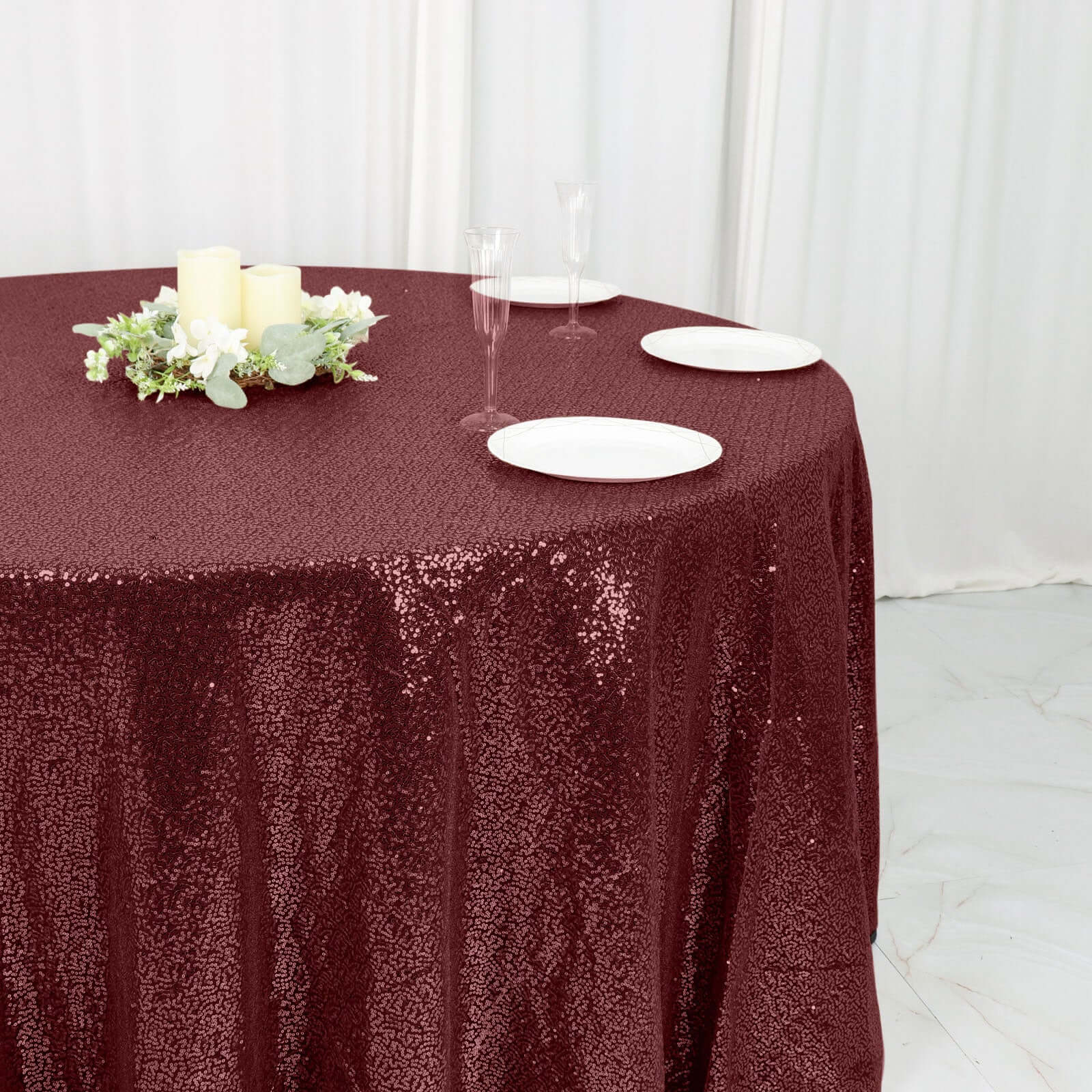 Sequin 120" Round Tablecloth Burgundy - Seamless Glittering Table Cover