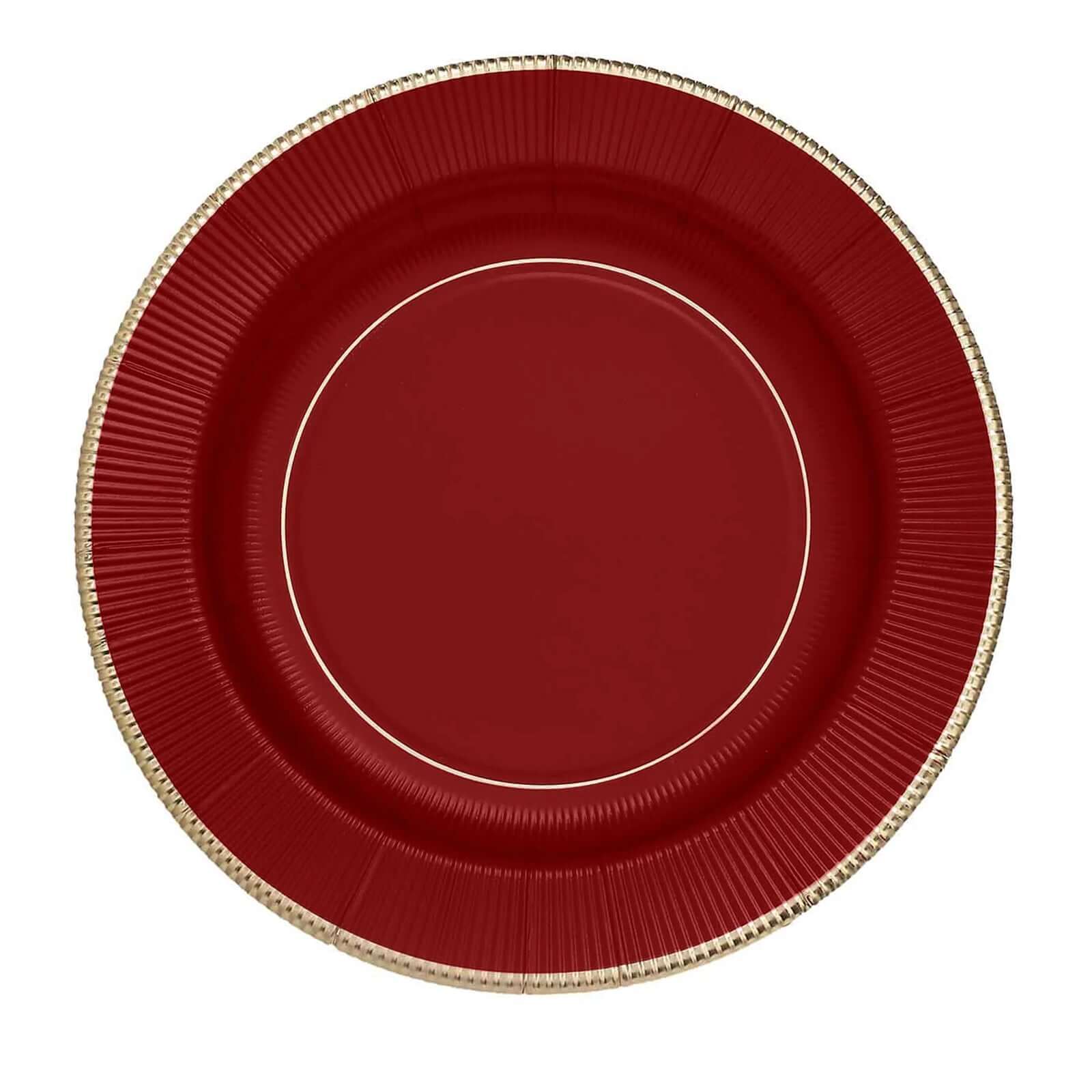 25-Pack Paper 10" Round Dinner Plates in Burgundy Sunray Design with Gold Rim - Disposable Heavy Duty 350GSM Party Plates