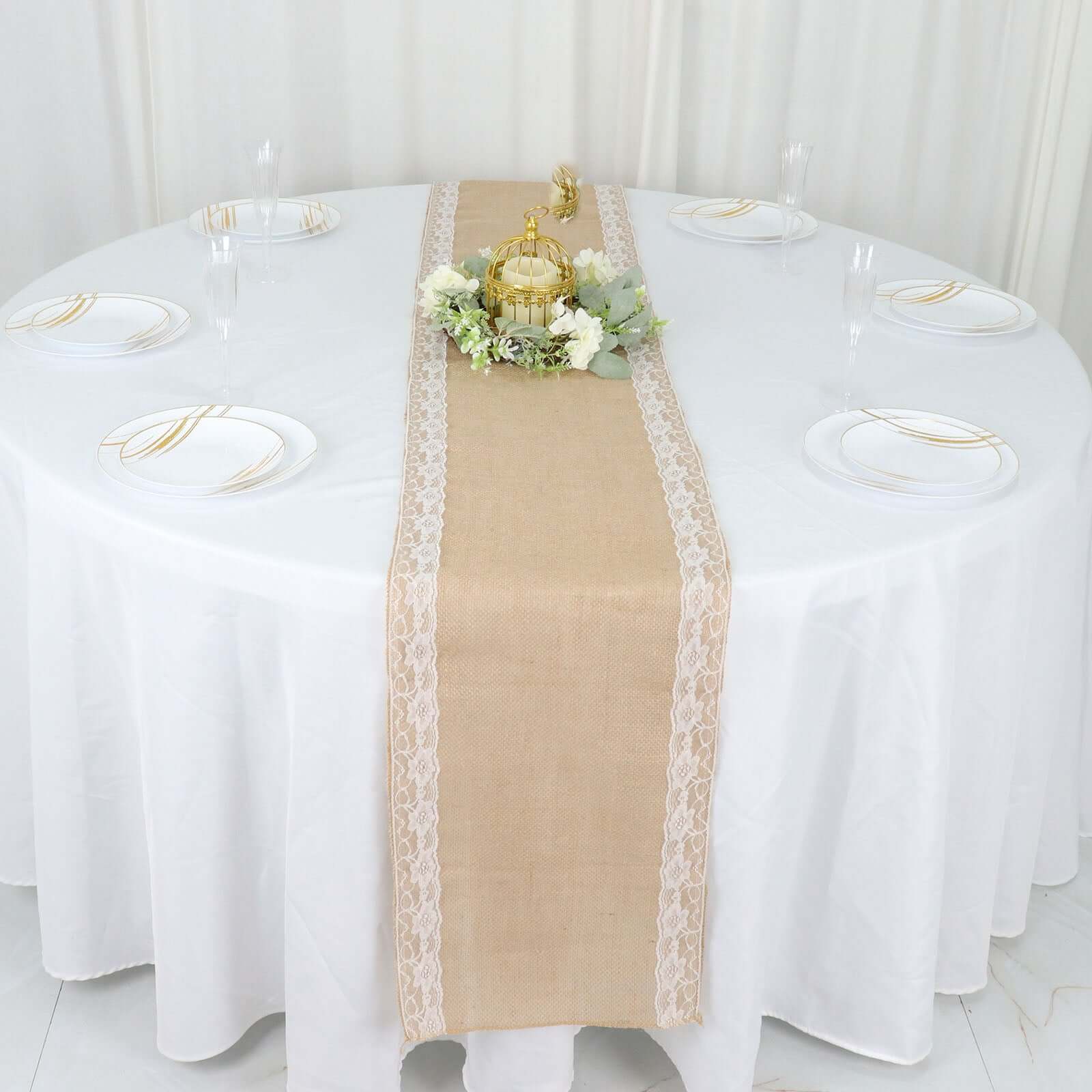 Burlap Jute 14"x104" Table Runner Natural With White Lace Trim Edges - Rustic Vintage Tabletop Decor