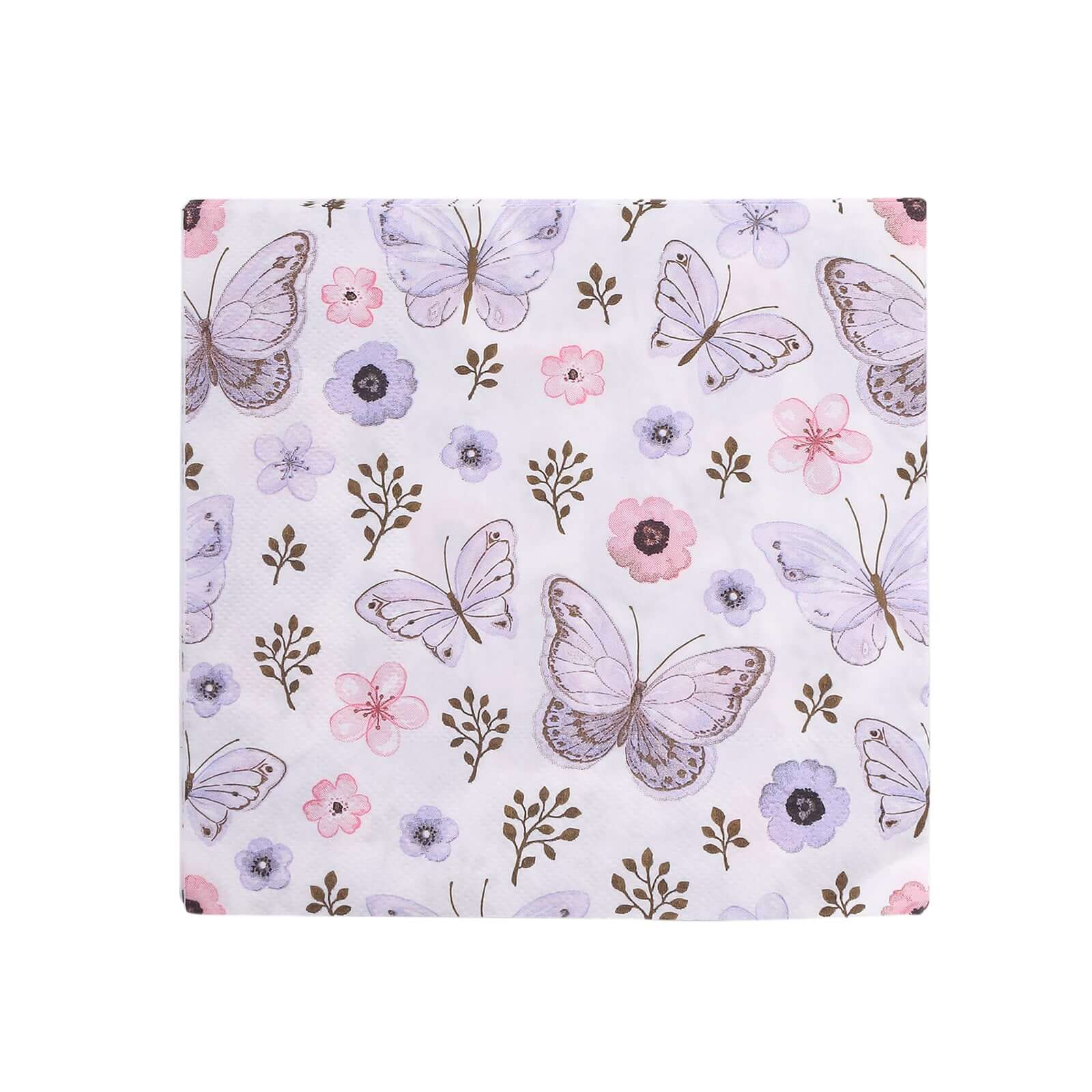 50-Pack Paper Beverage Napkins with Lavender Butterfly Floral Design Ivory - 2 Ply Soft 18GSM Garden Wedding Napkins 6.5"x6.5"