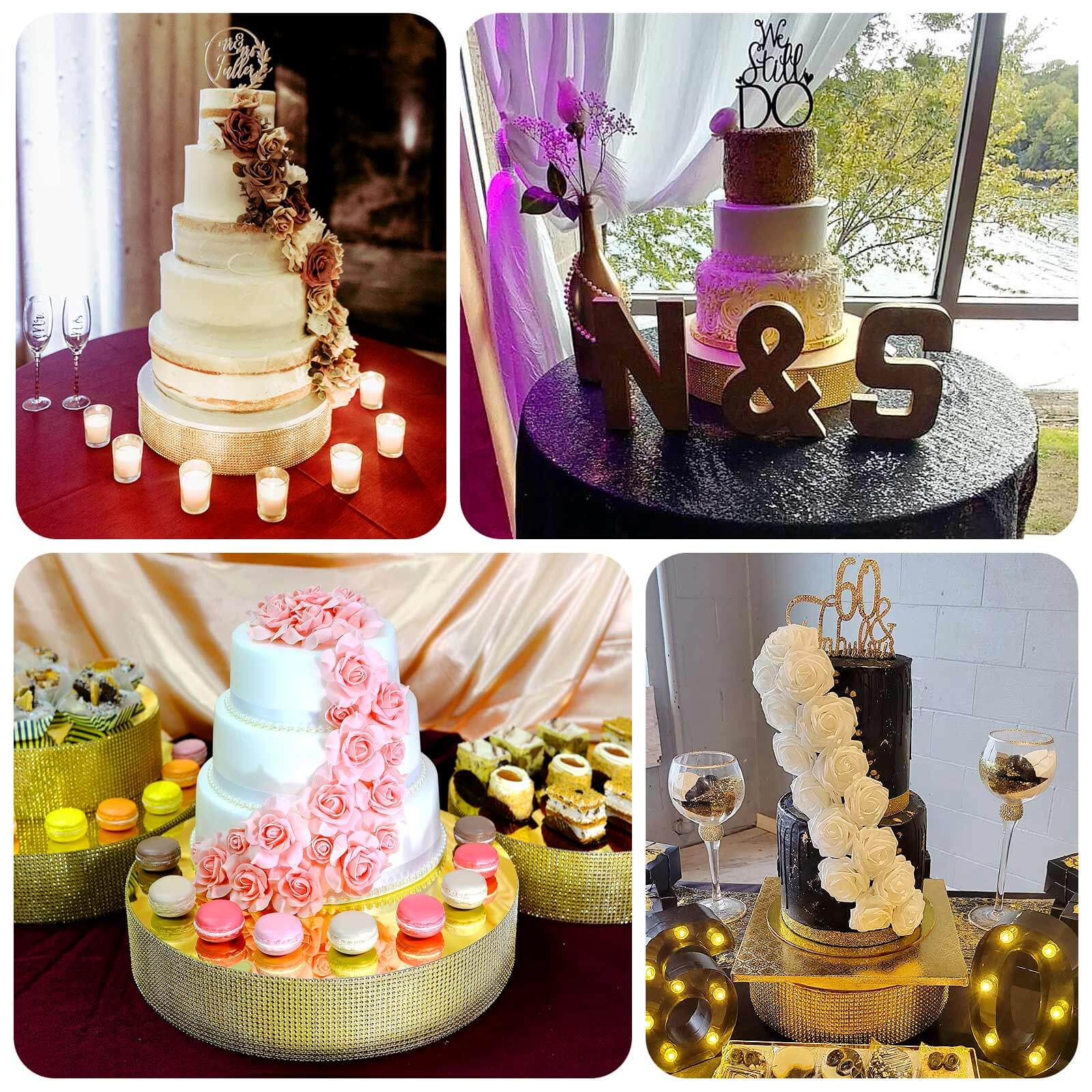 Metal Pedestal Cake Stand Round Design with Rhinestones Gold - Cupcake Holder and Dessert Table Centerpiece 16"