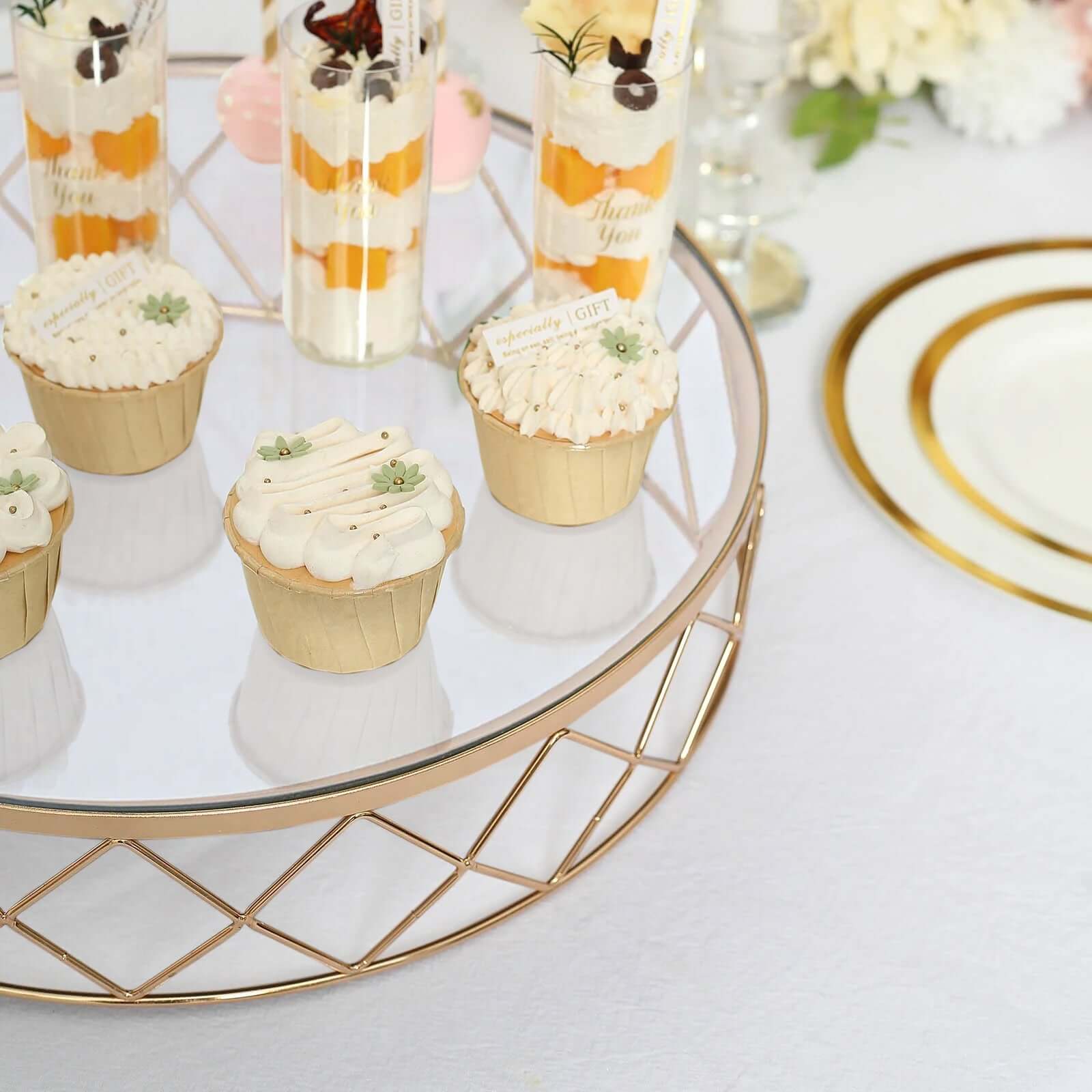 Metal Cake Stand Geometric Diamond Cut Design Gold with Glass Top - Dessert Display Riser 16"